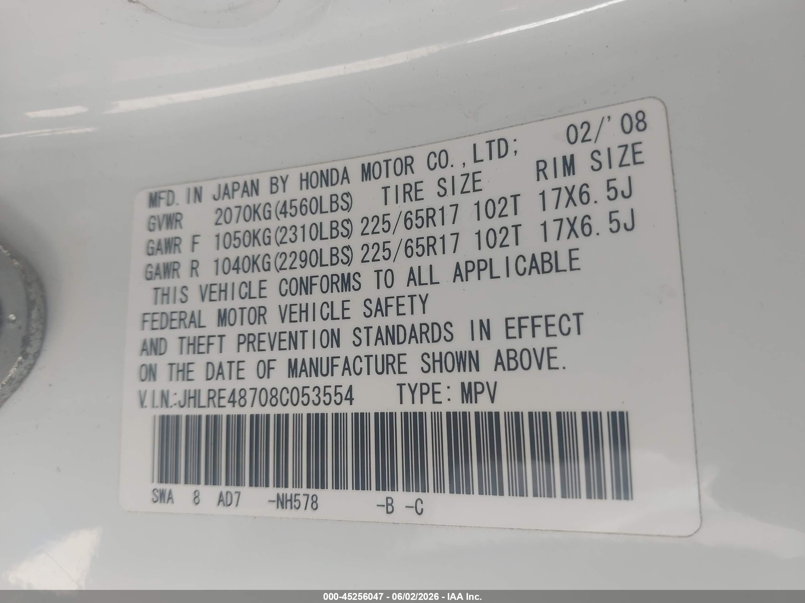 2008 Honda Cr-v Ex-l White vin: JHLRE48708C053554