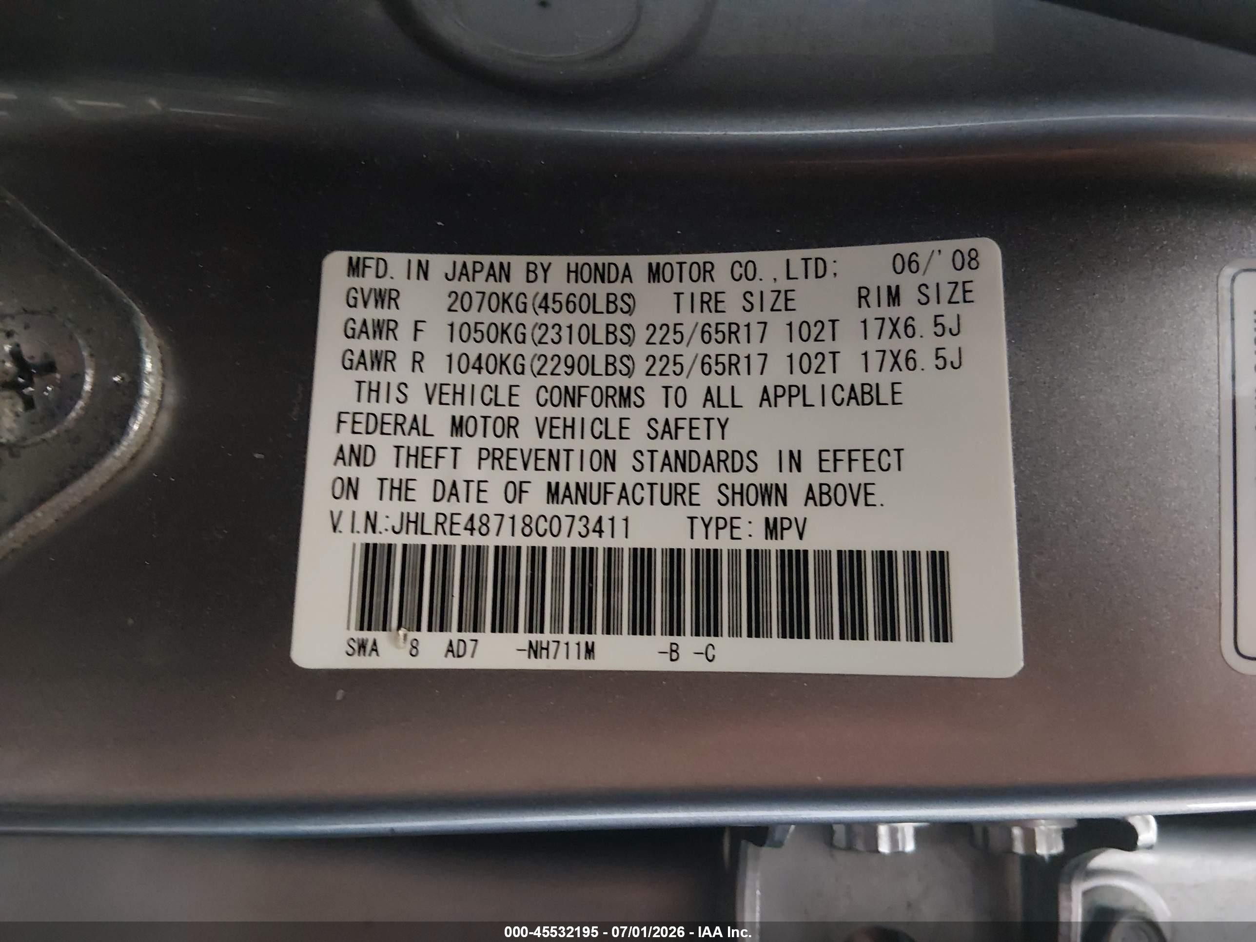 2008 Honda Cr-v Ex-l Gray vin: JHLRE48718C073411