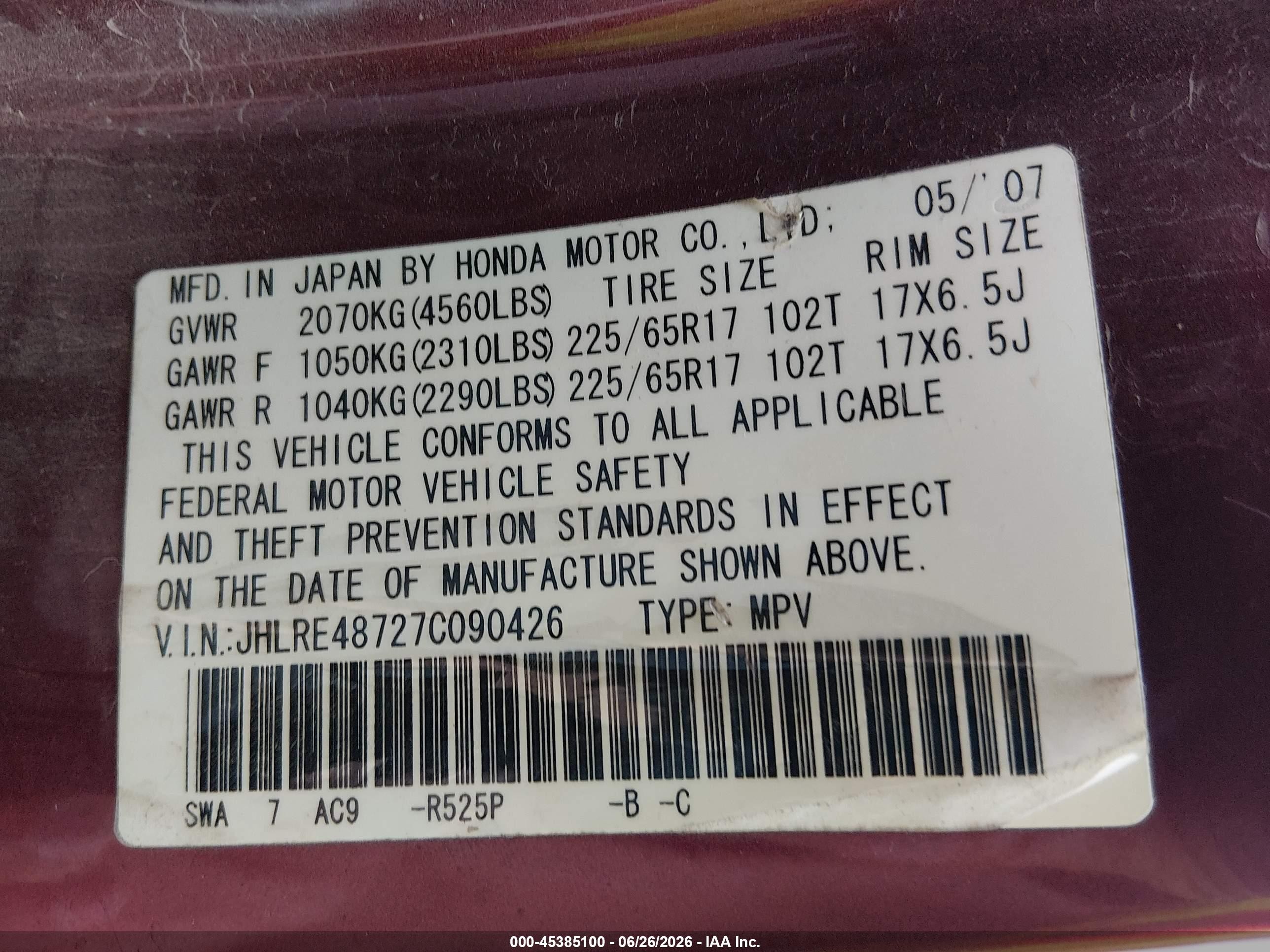 2007 Honda Cr-v Ex-l Red vin: JHLRE48727C090426
