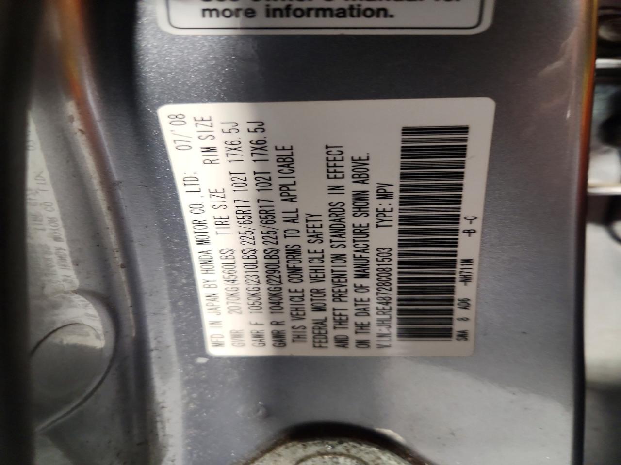 2008 Honda Cr-v Exl Gray vin: JHLRE48728C081503