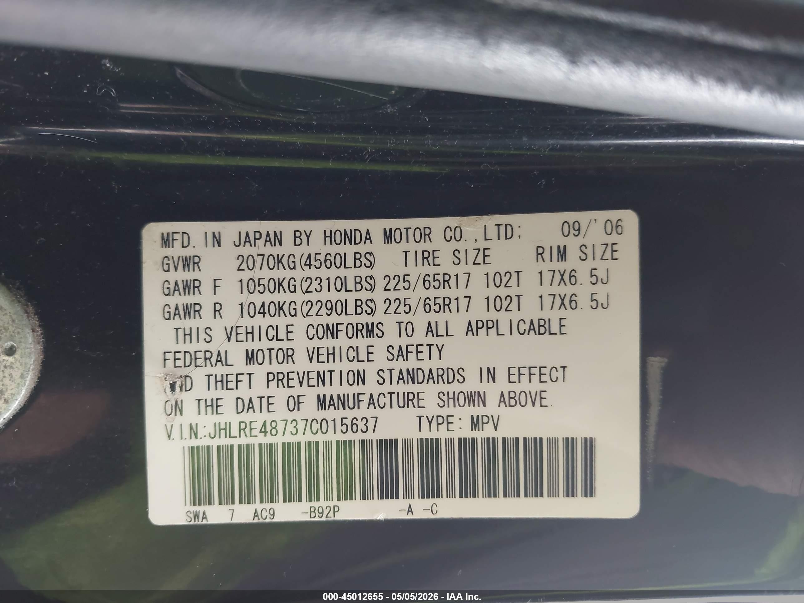 2007 Honda Cr-v Ex-l Black vin: JHLRE48737C015637