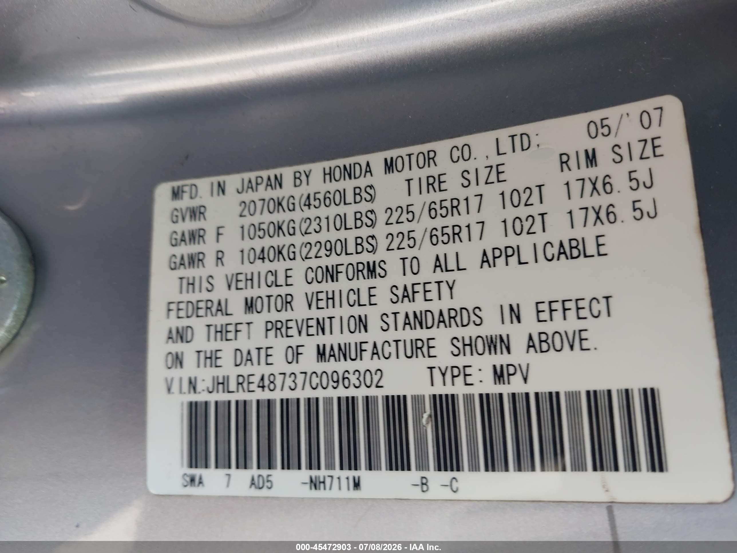 2007 Honda Cr-v Ex-l Silver vin: JHLRE48737C096302