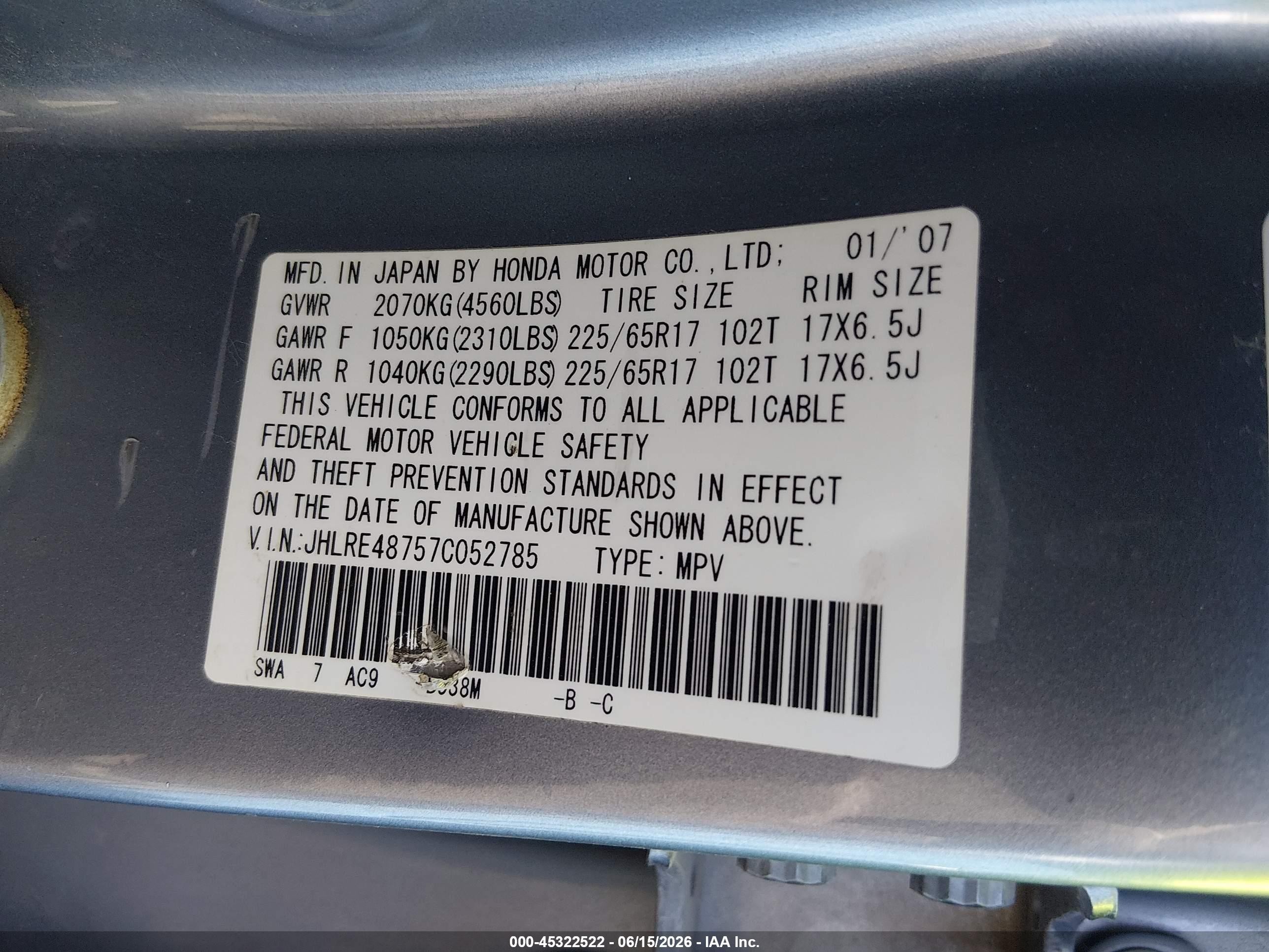 2007 Honda Cr-v Ex-l Blue vin: JHLRE48757C052785