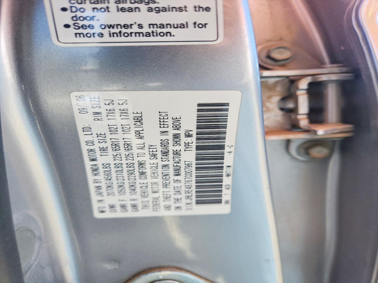 2007 Honda Cr-v Exl Silver vin: JHLRE48767C007967