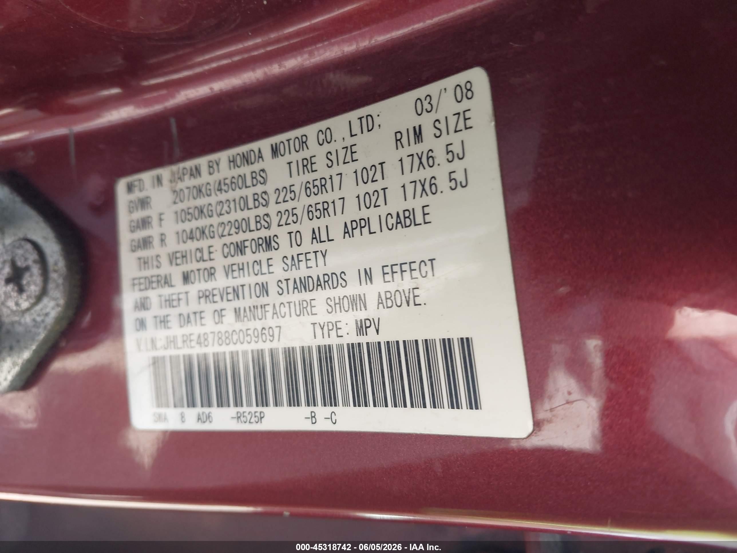 2008 Honda Cr-v Ex-l Red vin: JHLRE48788C059697