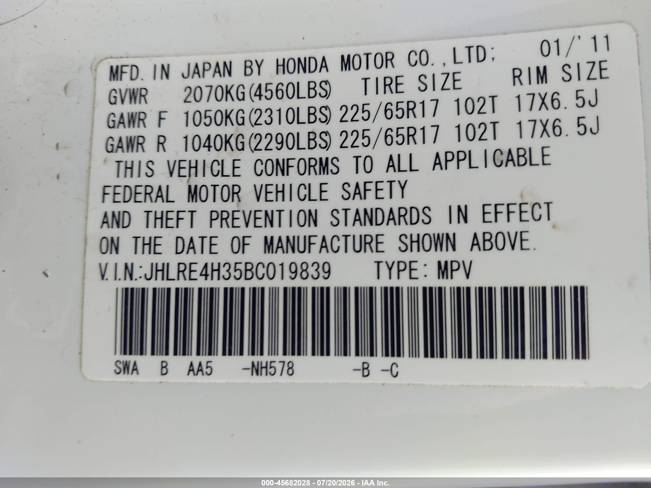 2011 Honda Cr-v Lx White vin: JHLRE4H35BC019839