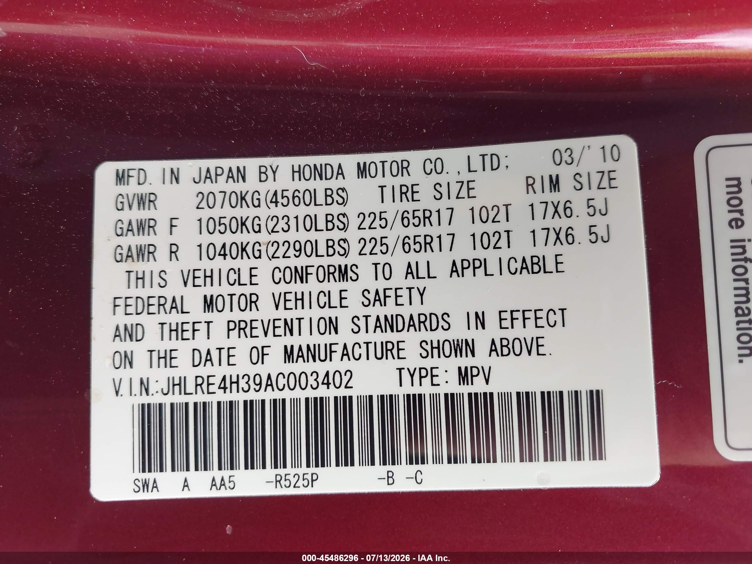 2010 Honda Cr-v Lx Maroon vin: JHLRE4H39AC003402