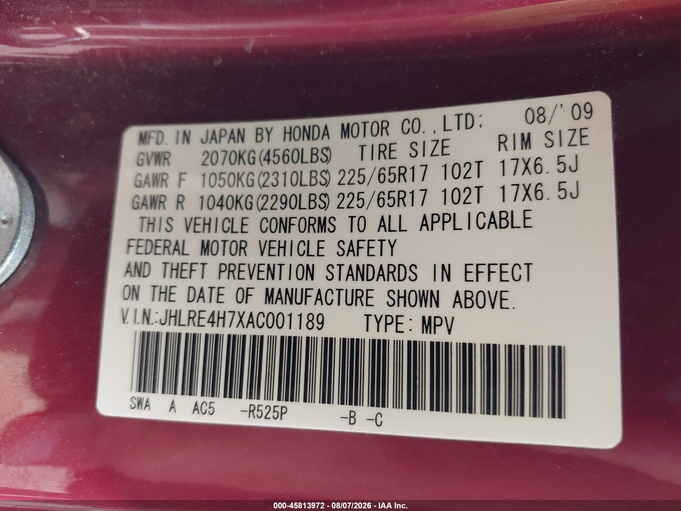 2010 Honda Cr-v Ex-l Red vin: JHLRE4H7XAC001189