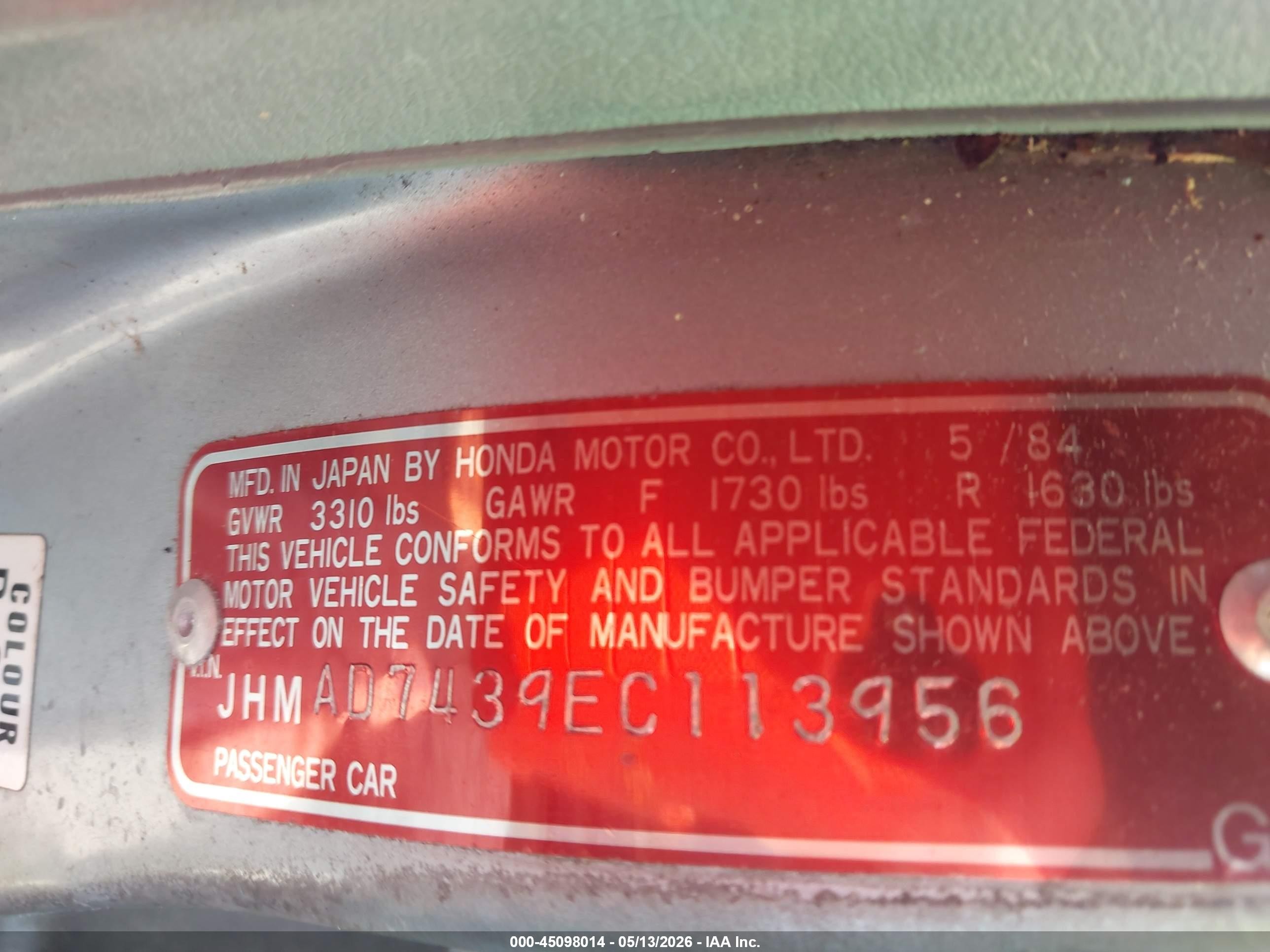 1984 Honda Accord 1800 Lx Silver vin: JHMAD7439EC113956