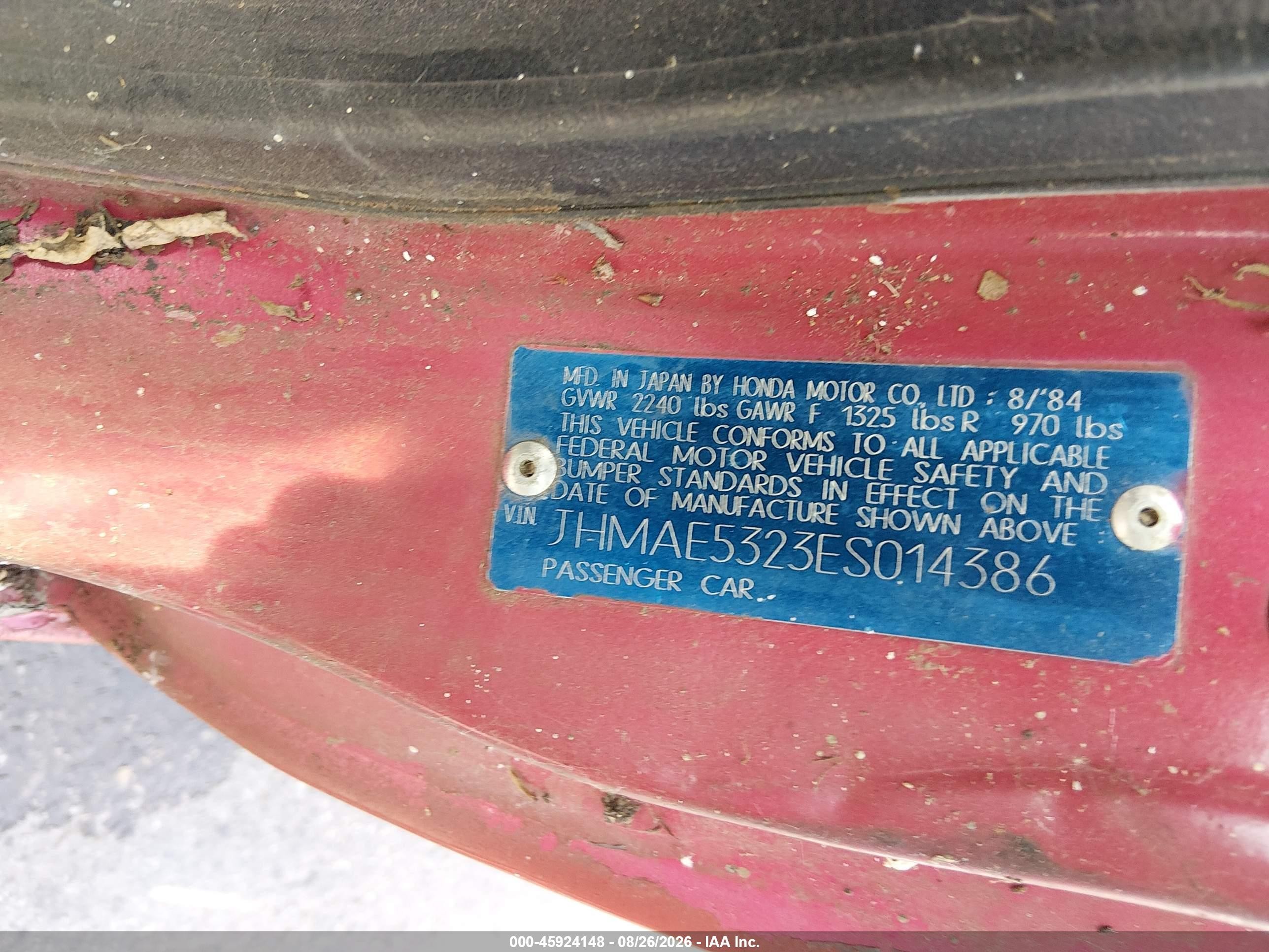 1984 Honda Civic 1300 Crx Red vin: JHMAE5323ES014386
