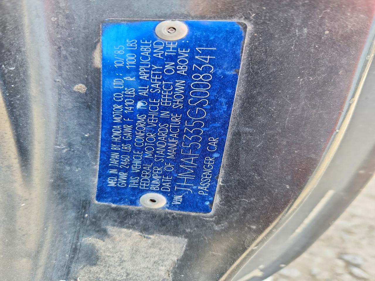 1986 Honda Civic Crx Silver vin: JHMAF5335GS008341