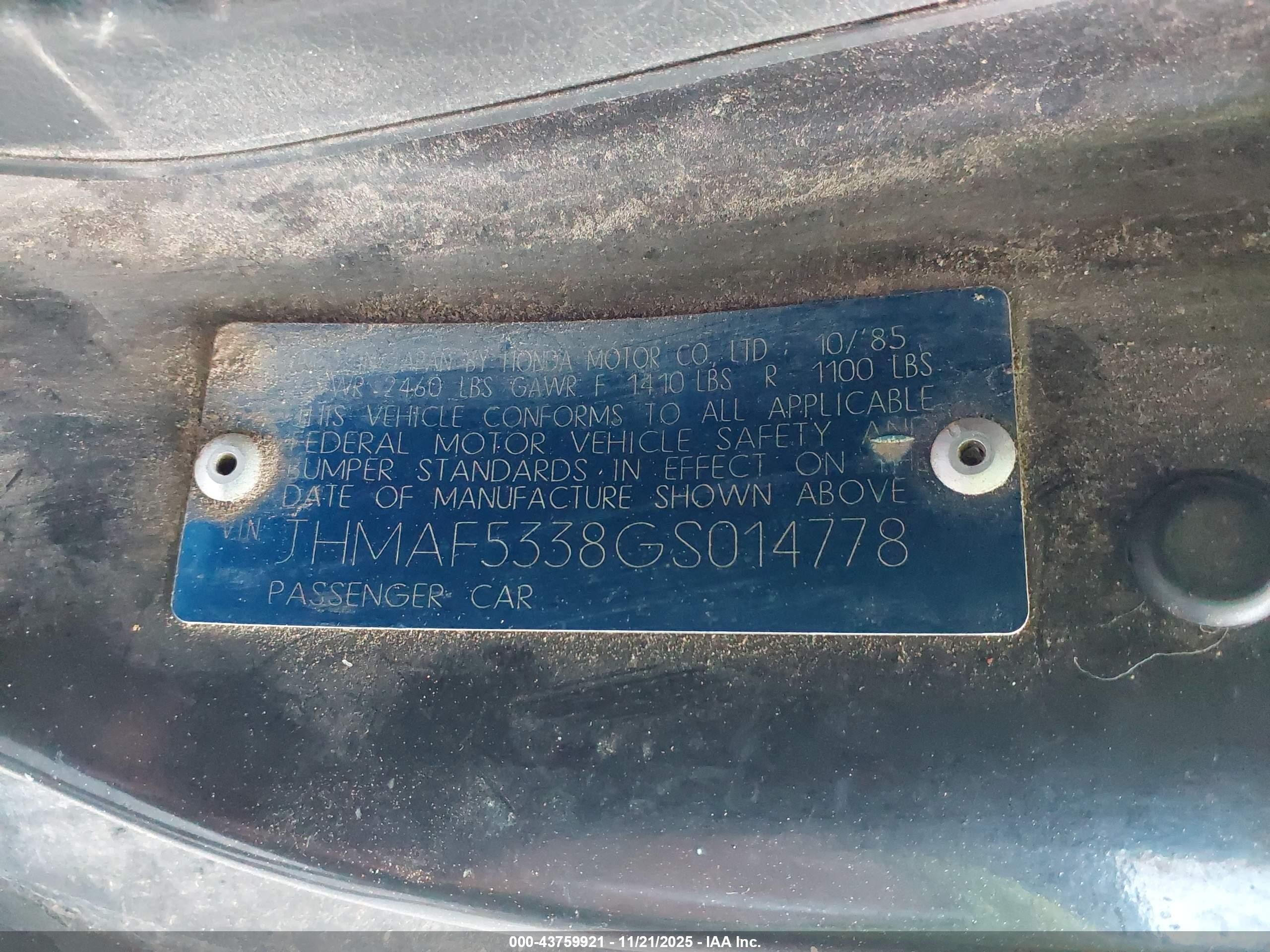 1986 Honda Civic 1500 Crx Si Black vin: JHMAF5338GS014778
