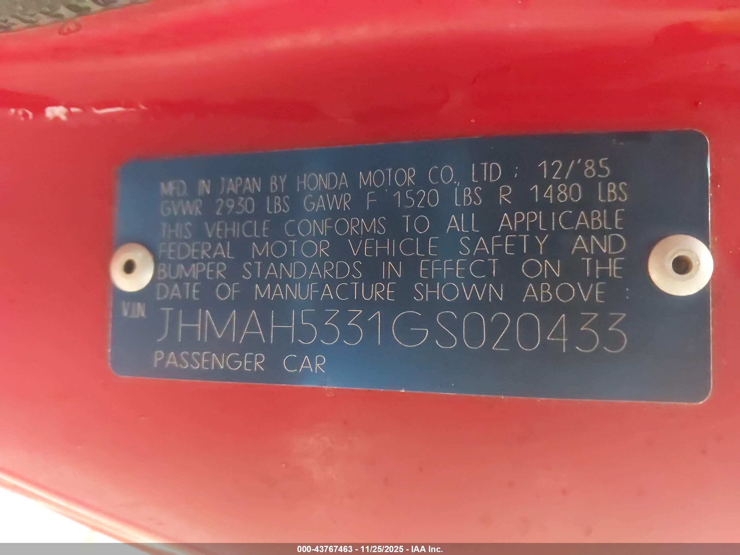 1986 Honda Civic 1.5 Si Red vin: JHMAH5331GS020433