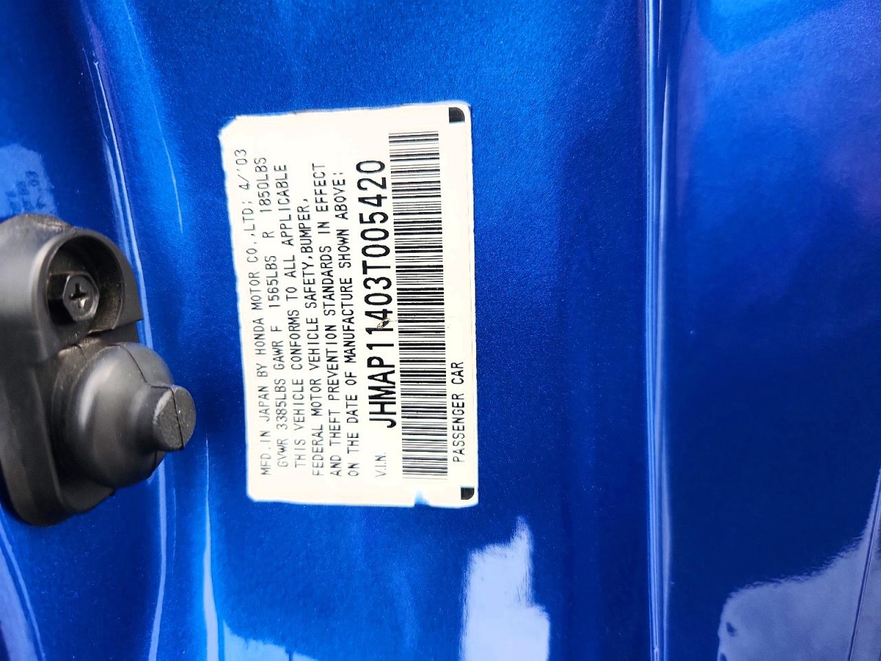 2003 Honda S2000 Blue vin: JHMAP11403T005420