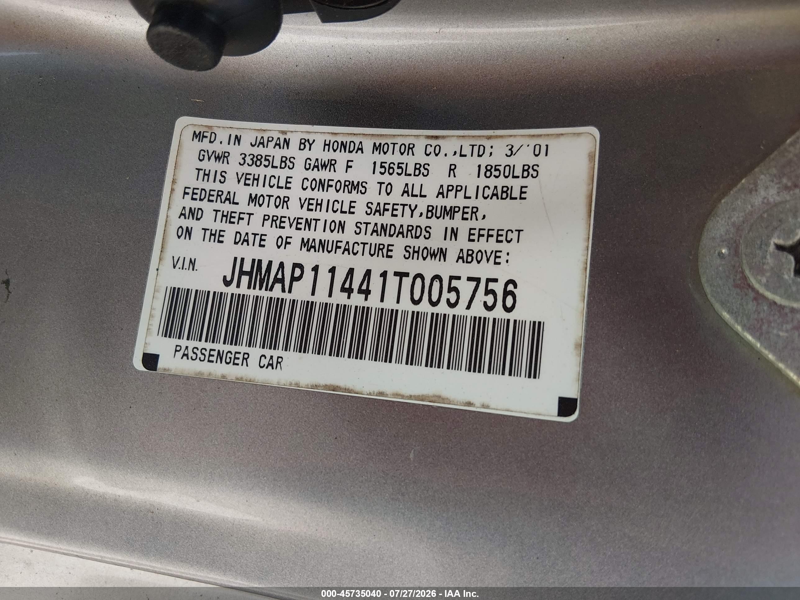 2001 Honda S2000   Silver vin: JHMAP11441T005756