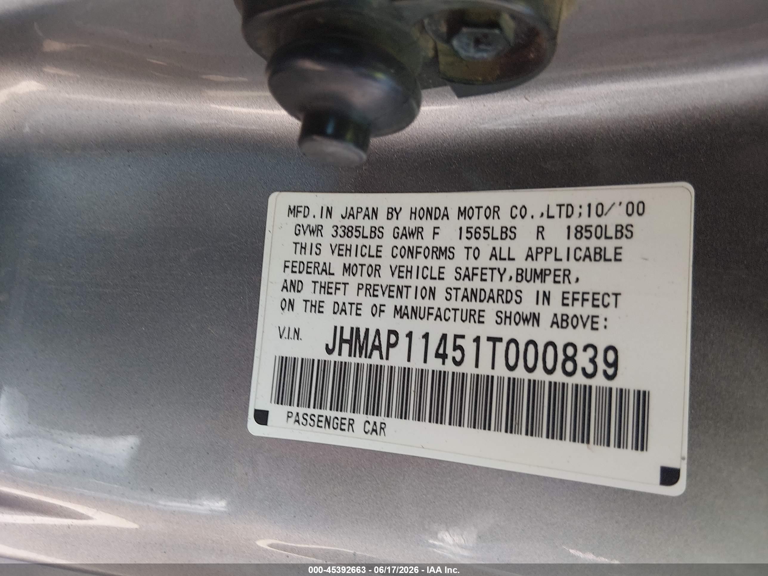 2001 Honda S2000 Gray vin: JHMAP11451T000839