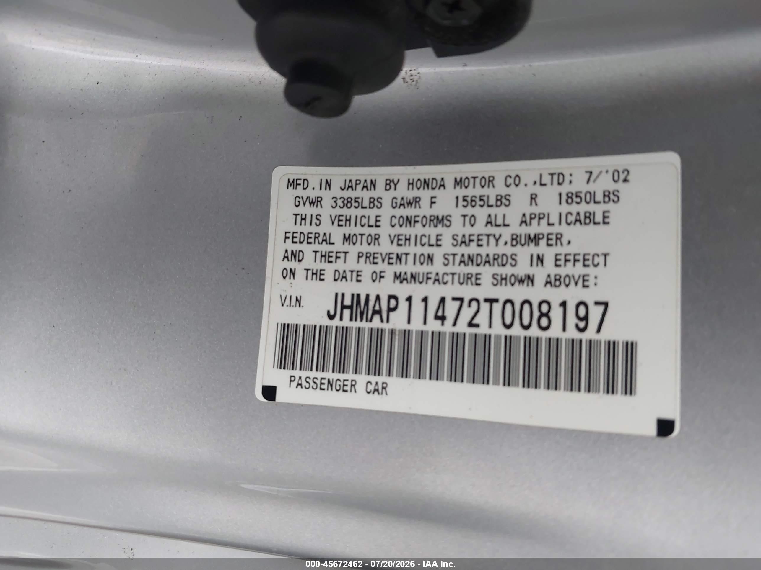 2002 Honda S2000   Серебряный vin: JHMAP11472T008197