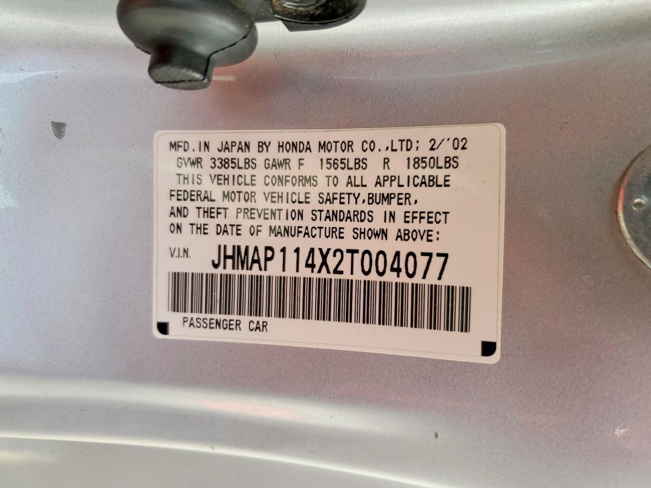 2002 Honda S2000 Silver vin: JHMAP114X2T004077
