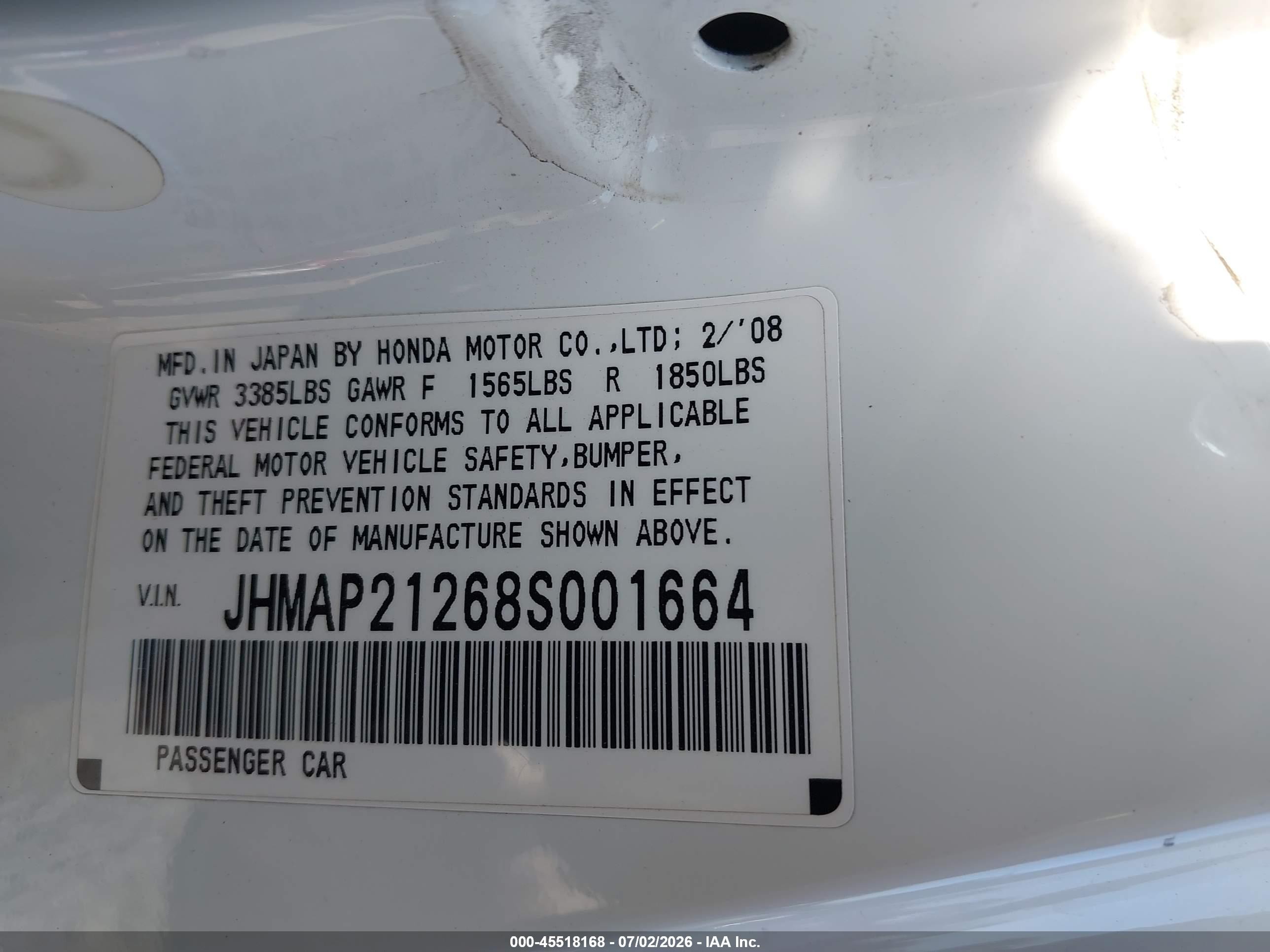 2008 Honda S2000 Cr White vin: JHMAP21268S001664