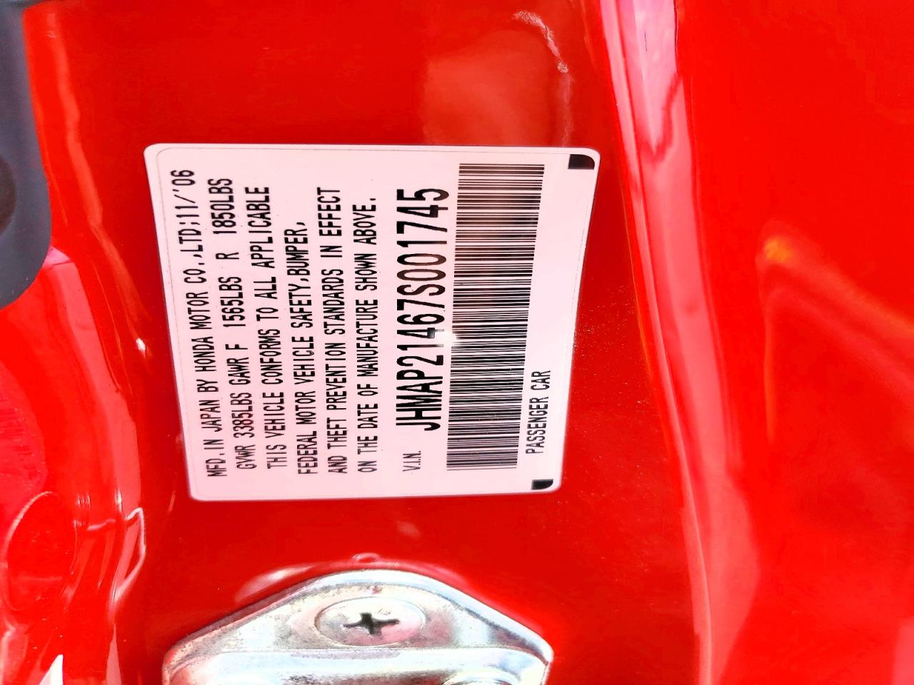 2007 Honda S2000 Red vin: JHMAP21467S001745