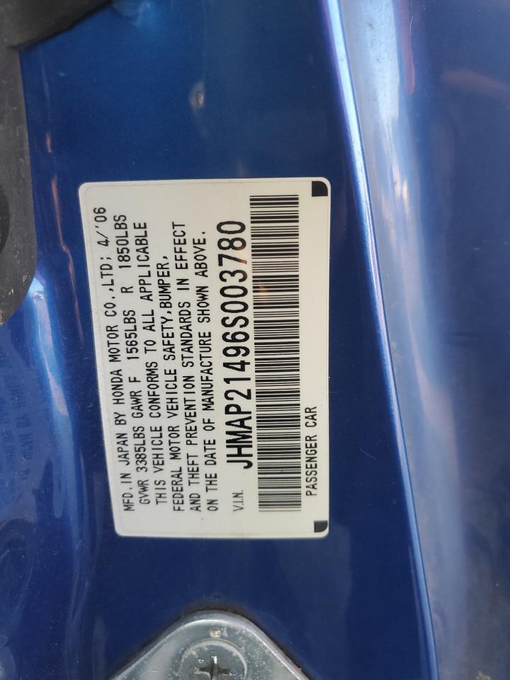 2006 Honda S2000 Blue vin: JHMAP21496S003780