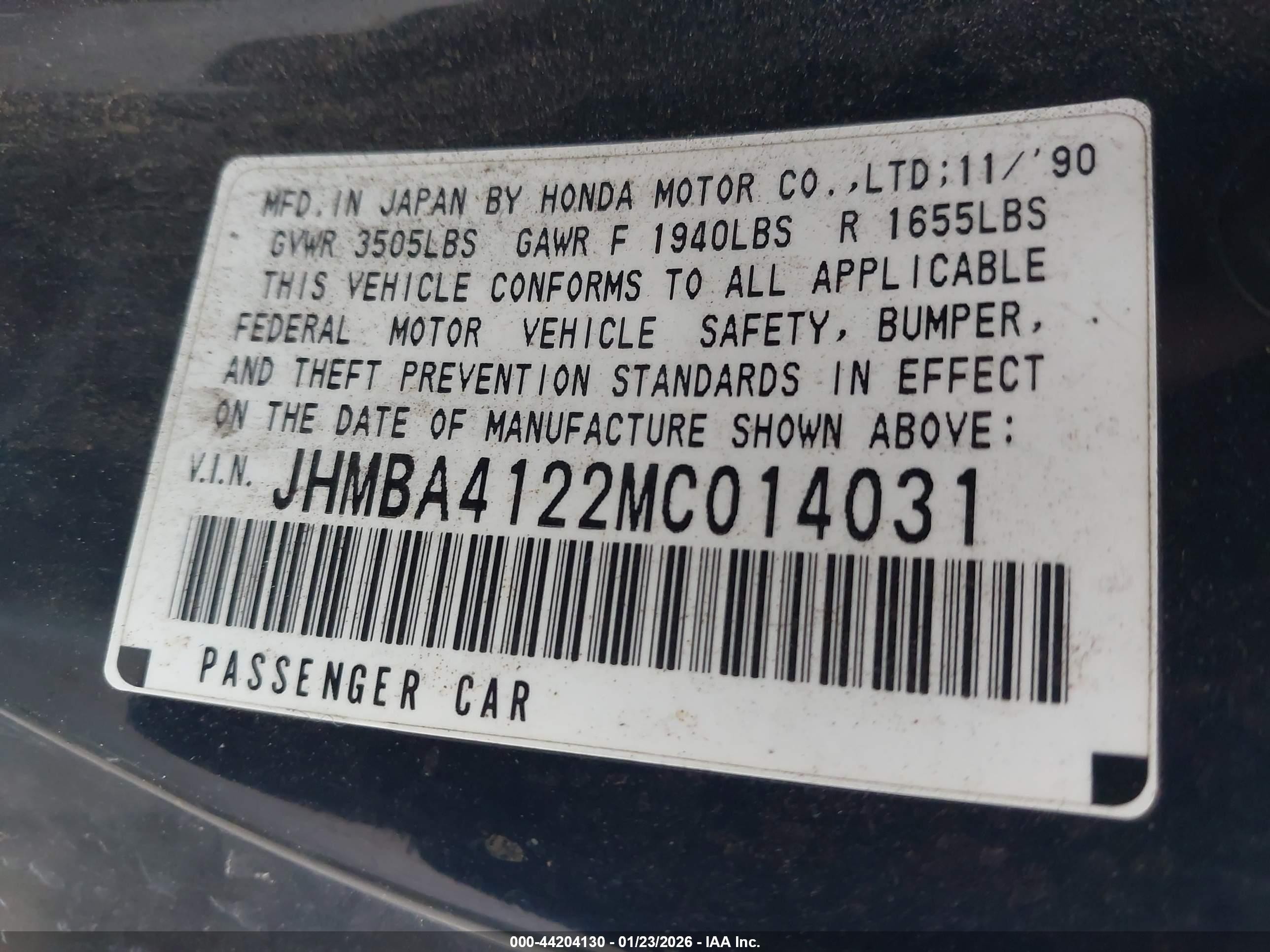 1991 Honda Prelude 2.0si Navy vin: JHMBA4122MC014031