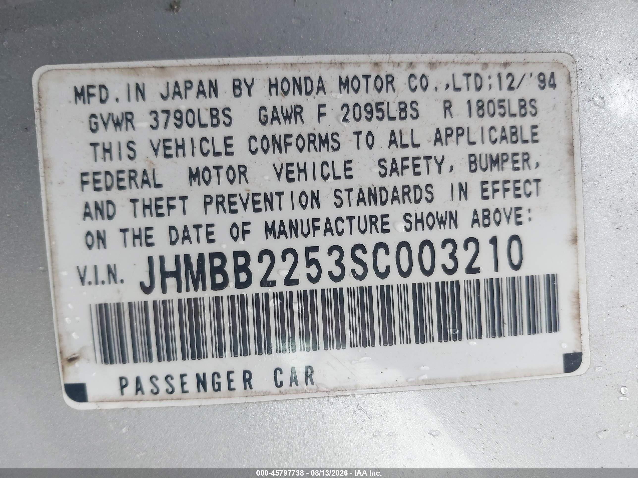 1995 Honda Prelude Si/sr Silver vin: JHMBB2253SC003210