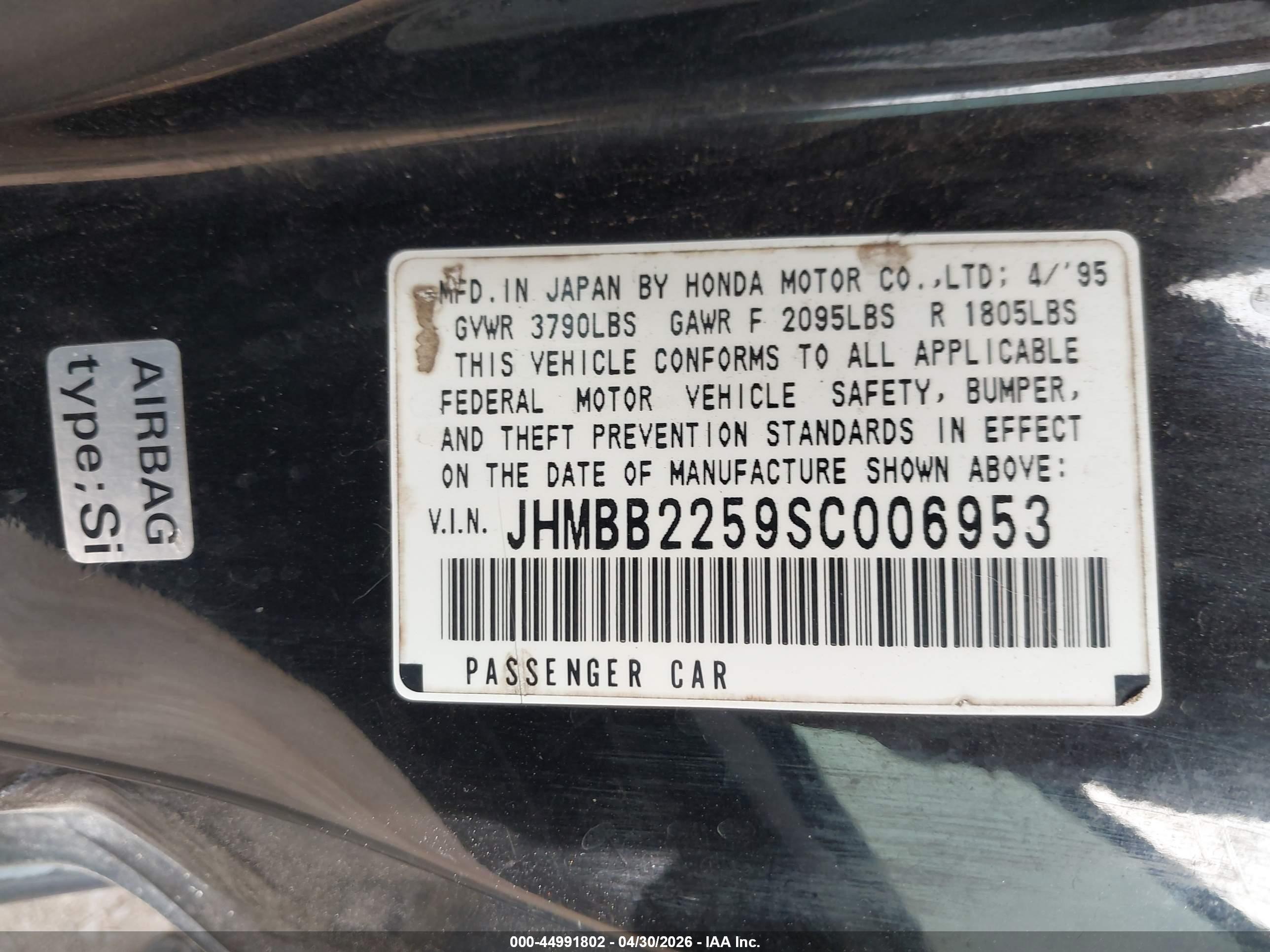 1995 Honda Prelude Si/sr Black vin: JHMBB2259SC006953