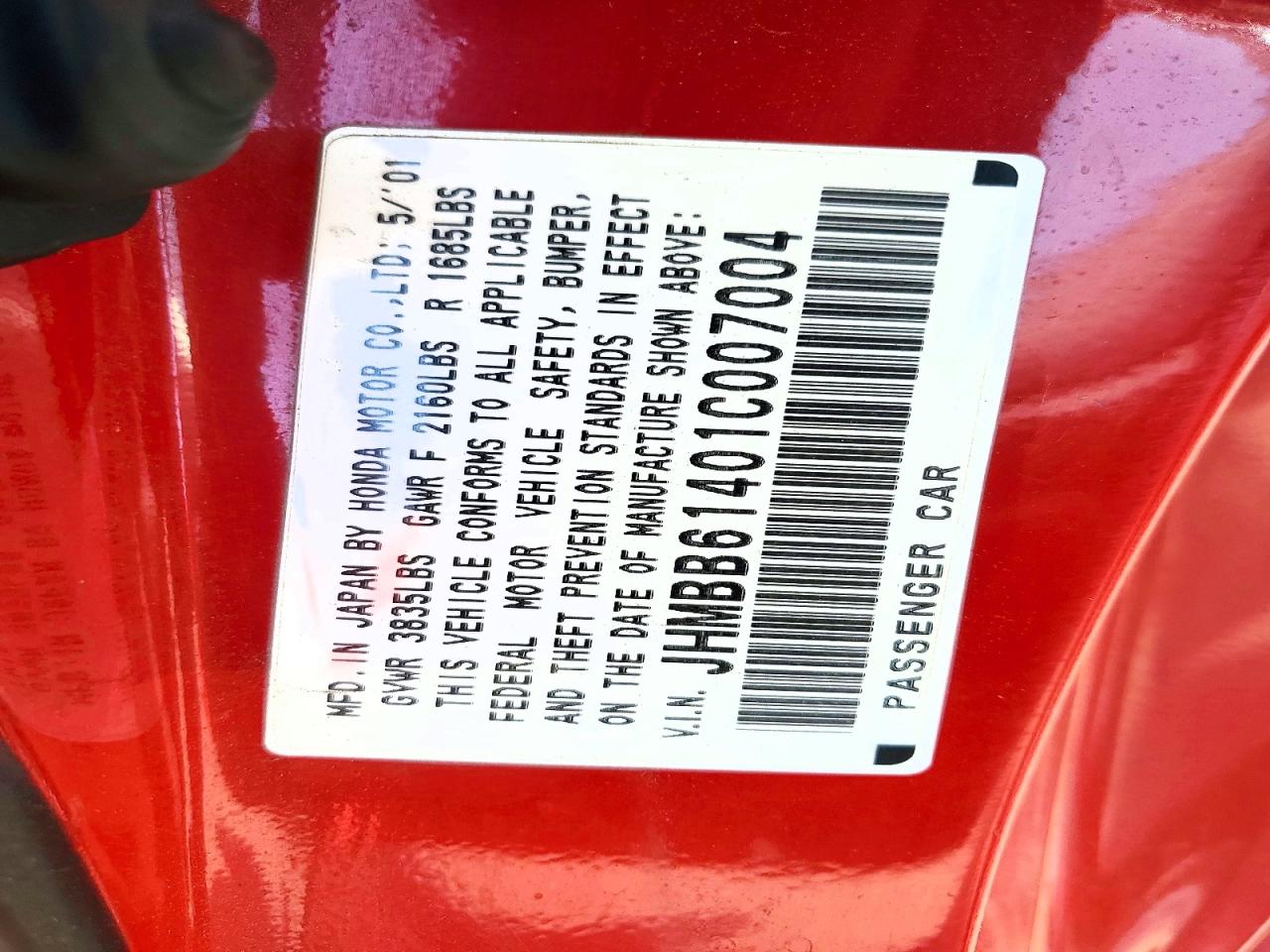 2001 Honda Prelude Red vin: JHMBB61401C007004