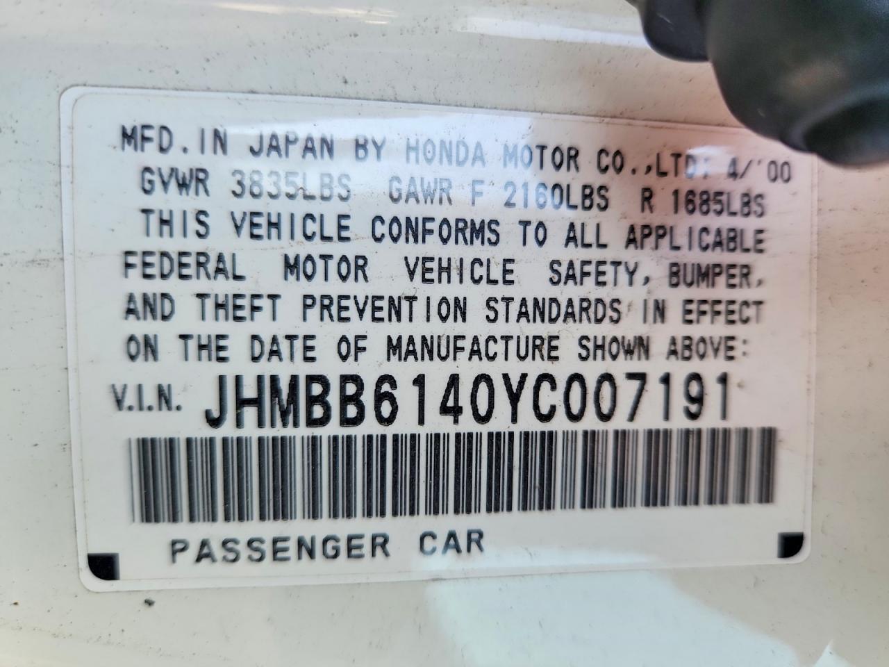 2000 Honda Prelude White vin: JHMBB6140YC007191