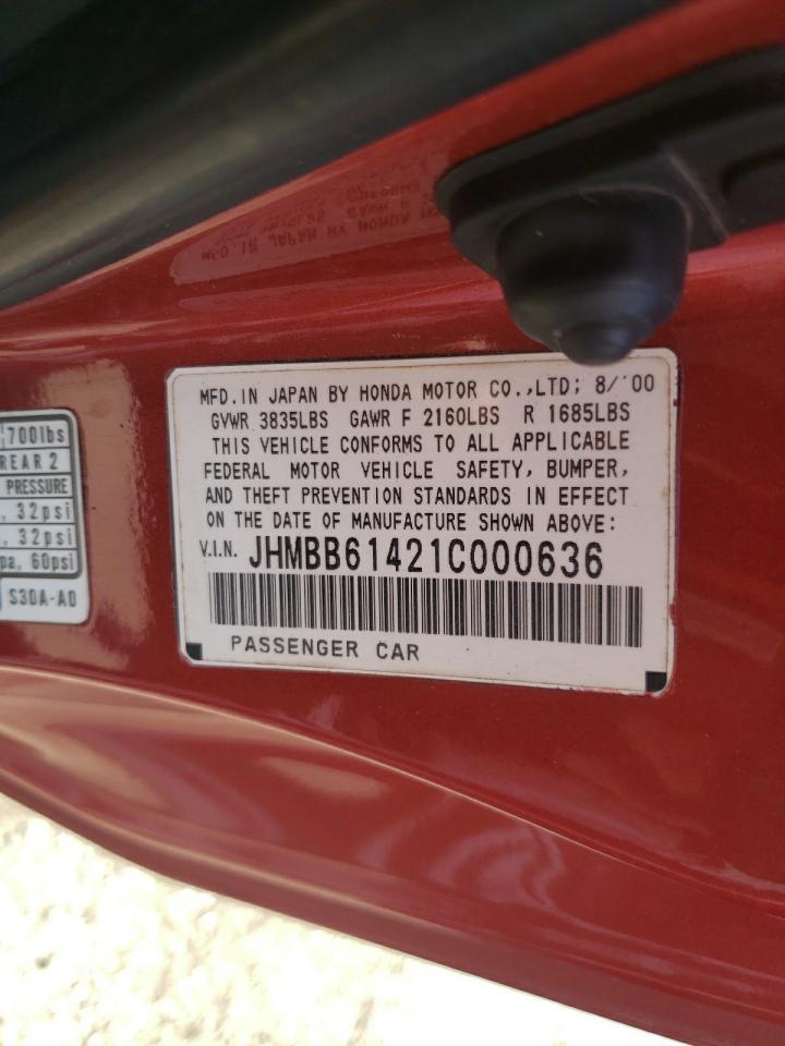 2001 Honda Prelude Red vin: JHMBB61421C000636