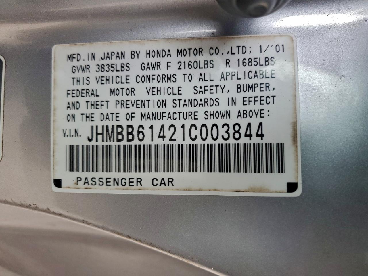 2001 Honda Prelude Silver vin: JHMBB61421C003844
