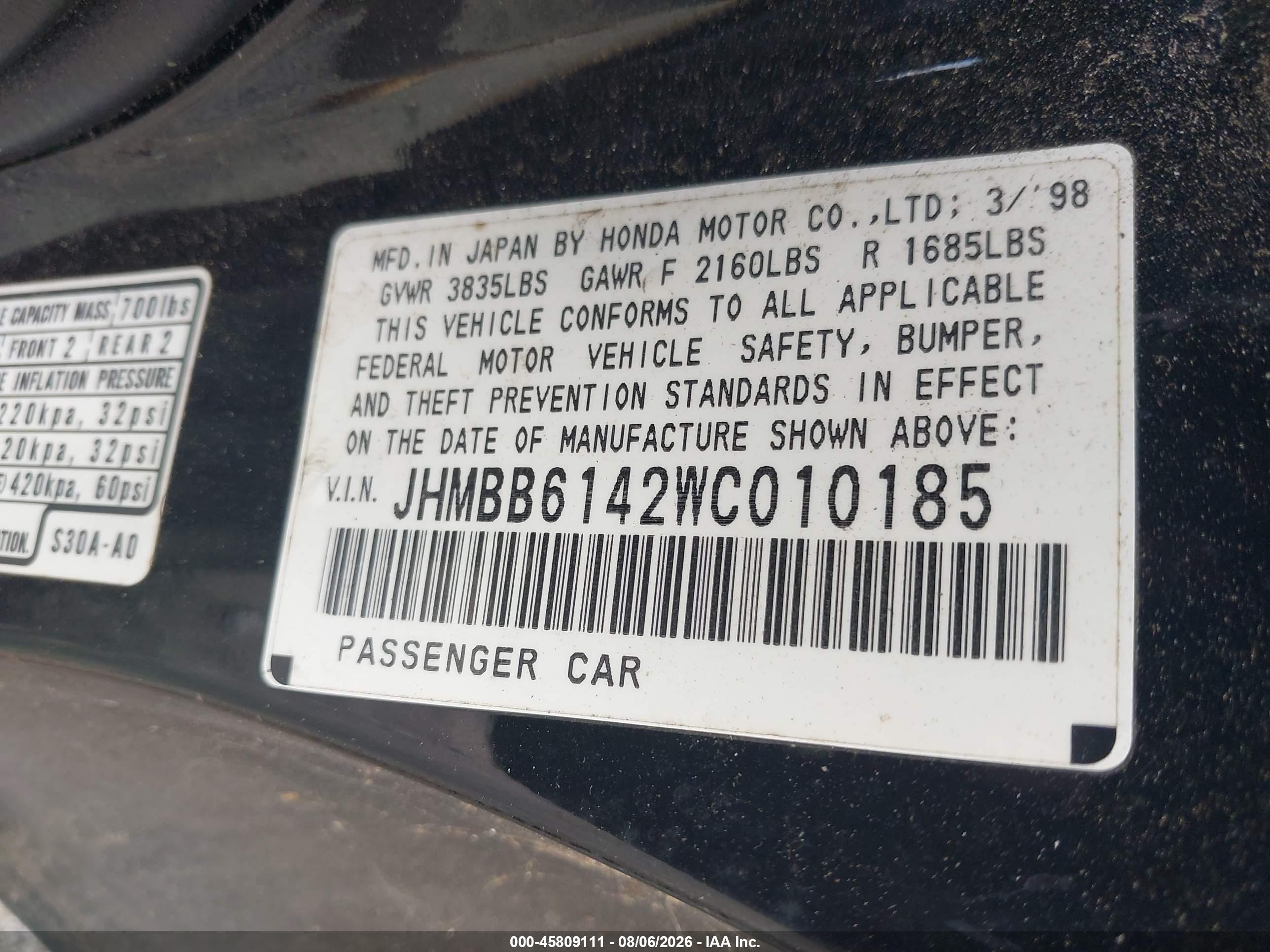 1998 Honda Prelude   Black vin: JHMBB6142WC010185