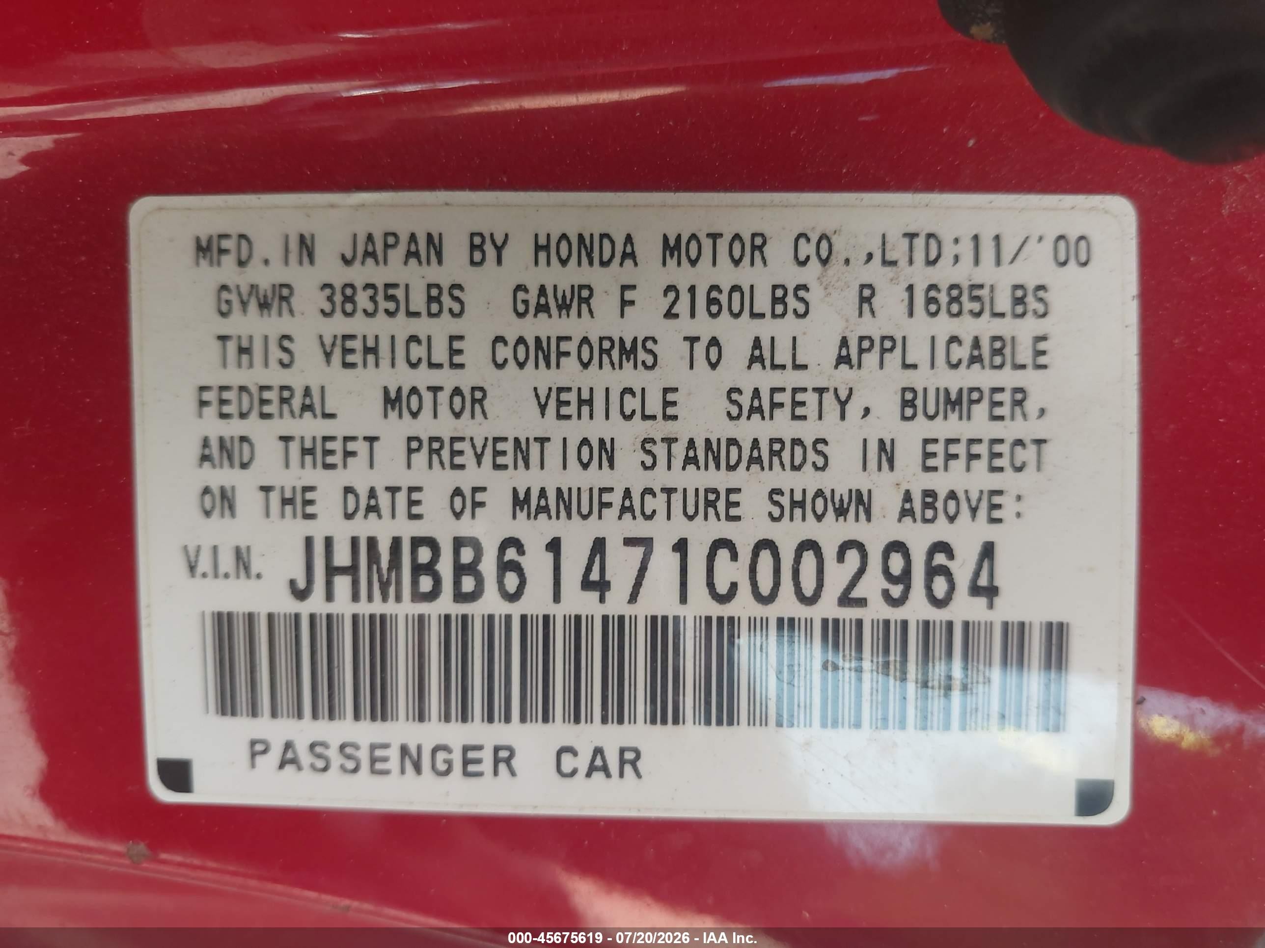 2001 Honda Prelude   Red vin: JHMBB61471C002964