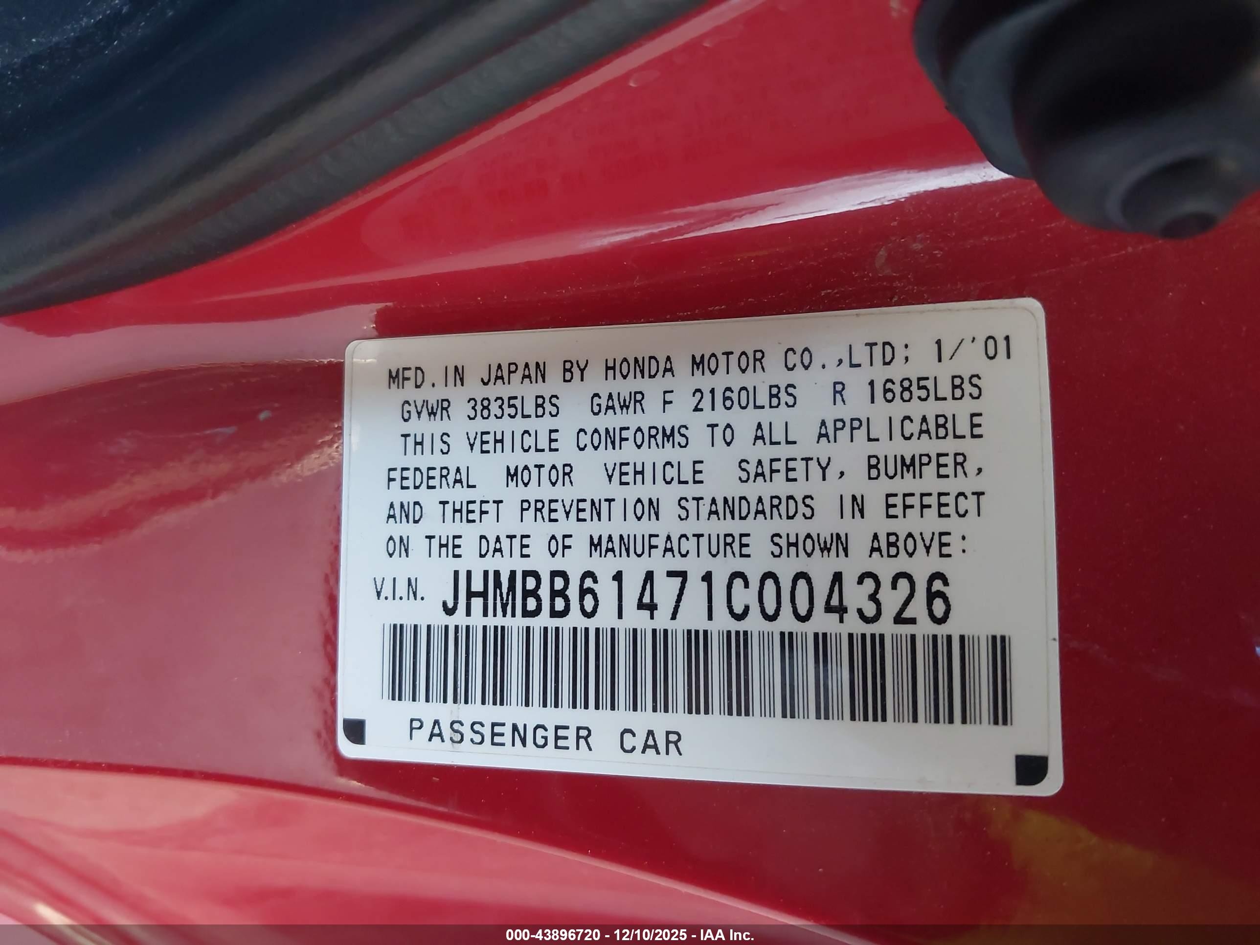 2001 Honda Prelude   Red vin: JHMBB61471C004326