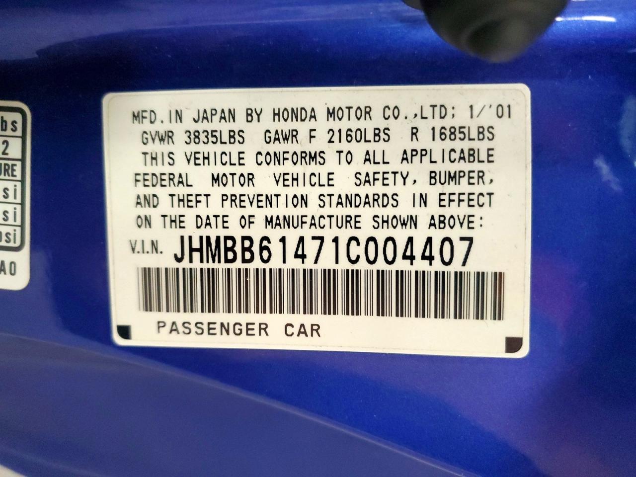 2001 Honda Prelude Blue vin: JHMBB61471C004407
