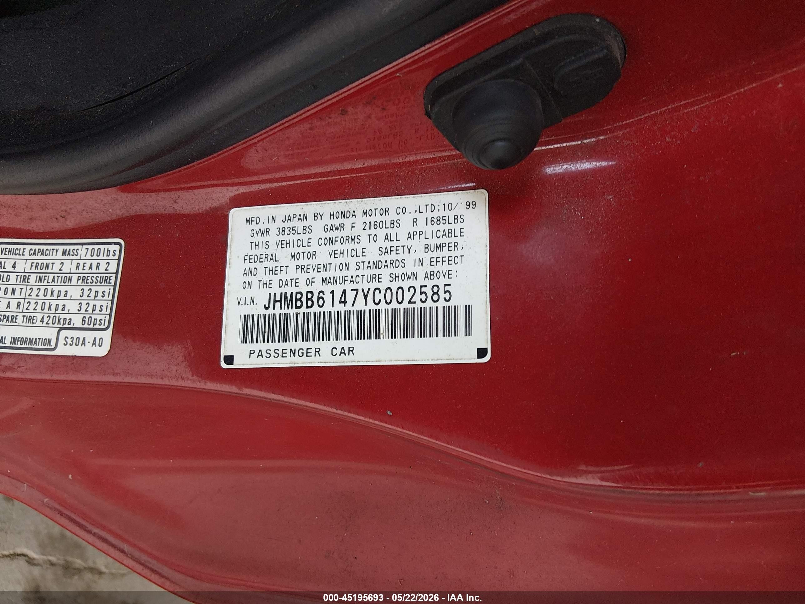 2000 Honda Prelude   Red vin: JHMBB6147YC002585