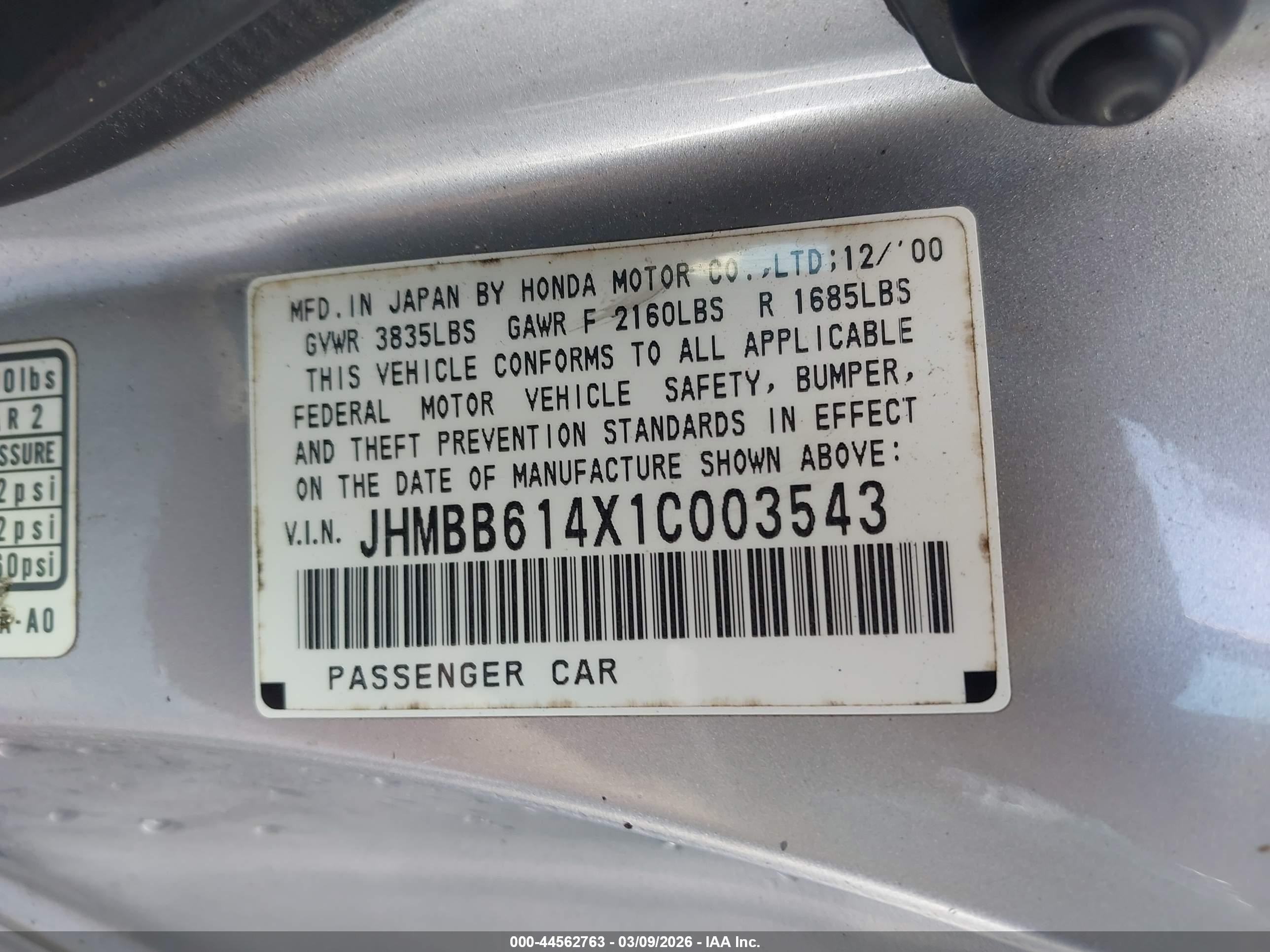 2001 Honda Prelude   Silver vin: JHMBB614X1C003543