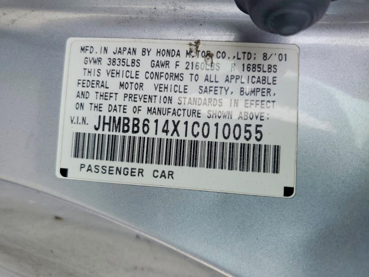 2001 Honda Prelude Silver vin: JHMBB614X1C010055