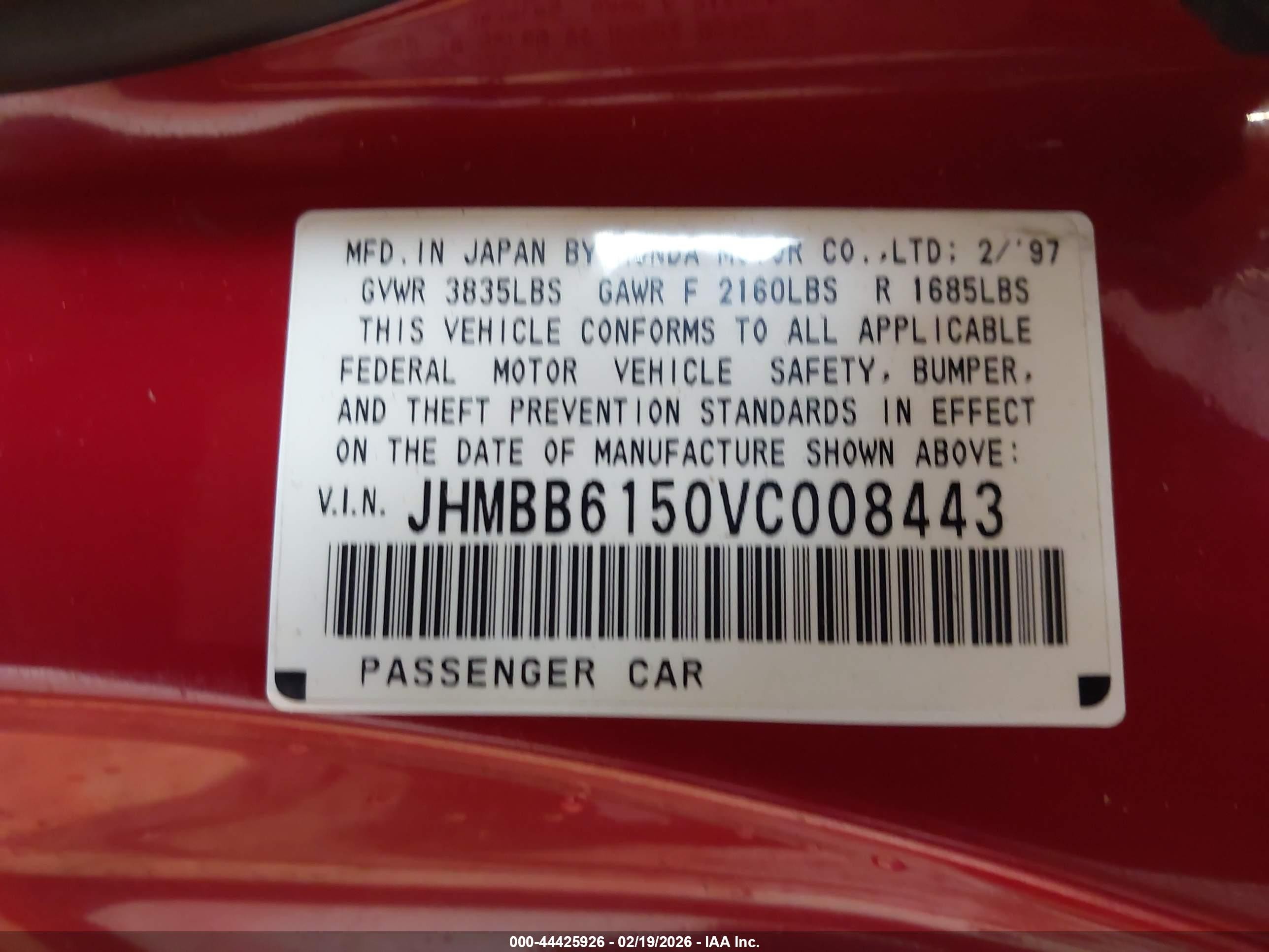 1997 Honda Prelude Sh Красный vin: JHMBB6150VC008443