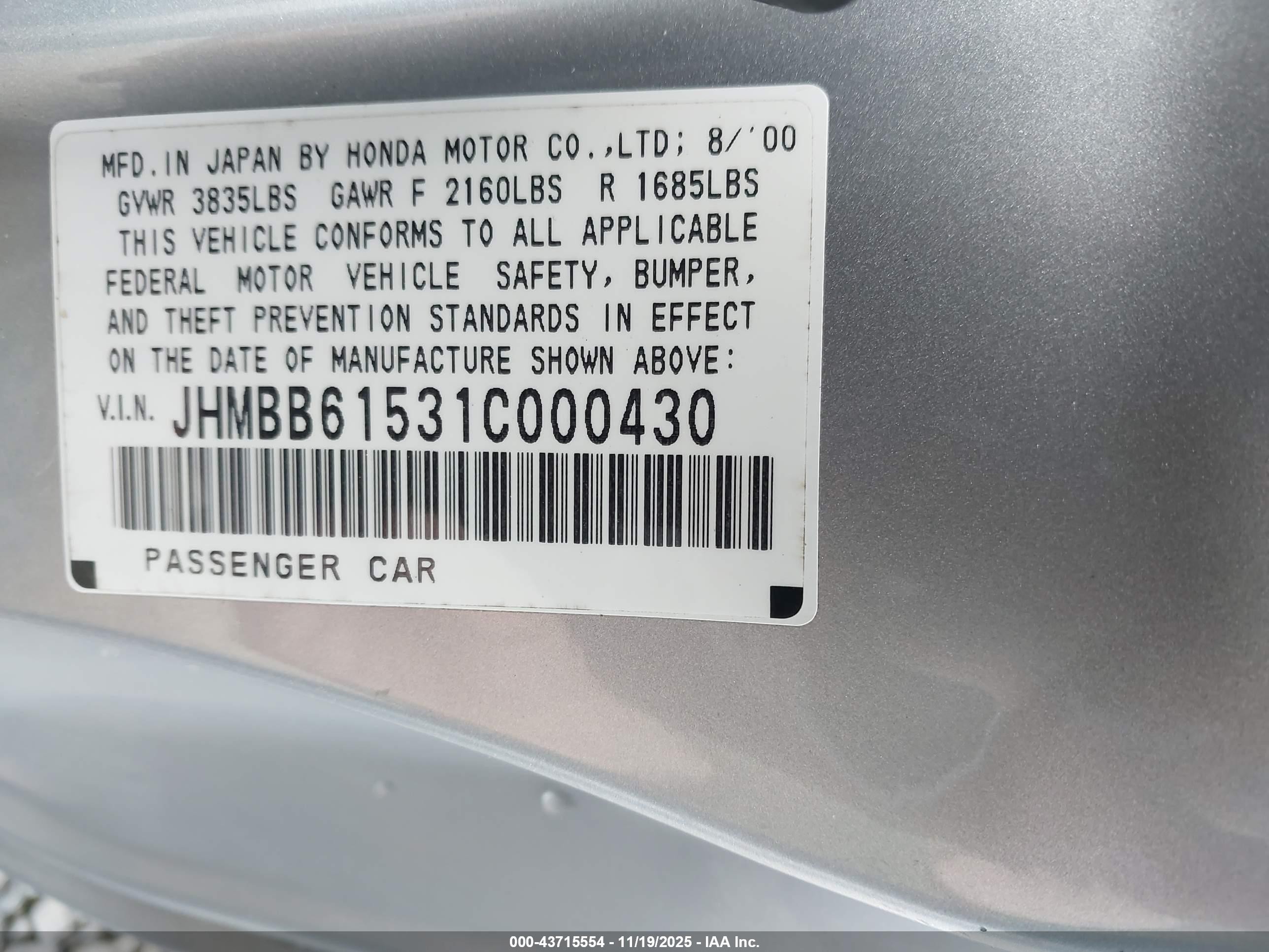 2001 Honda Prelude Type Sh Silver vin: JHMBB61531C000430