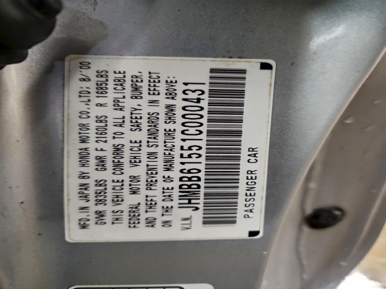 2001 Honda Prelude Sh Silver vin: JHMBB61551C000431