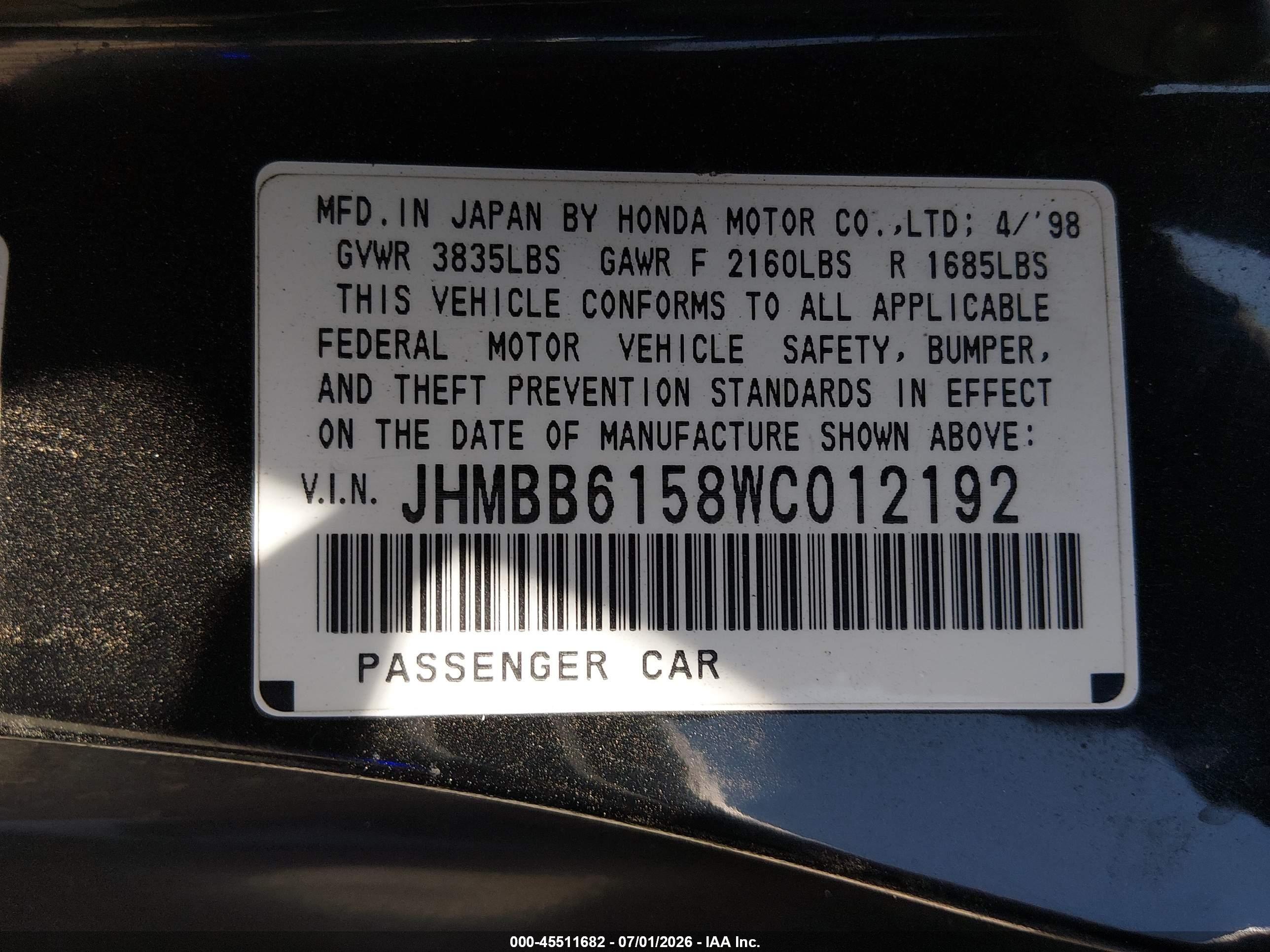 1998 Honda Prelude Type Sh Black vin: JHMBB6158WC012192
