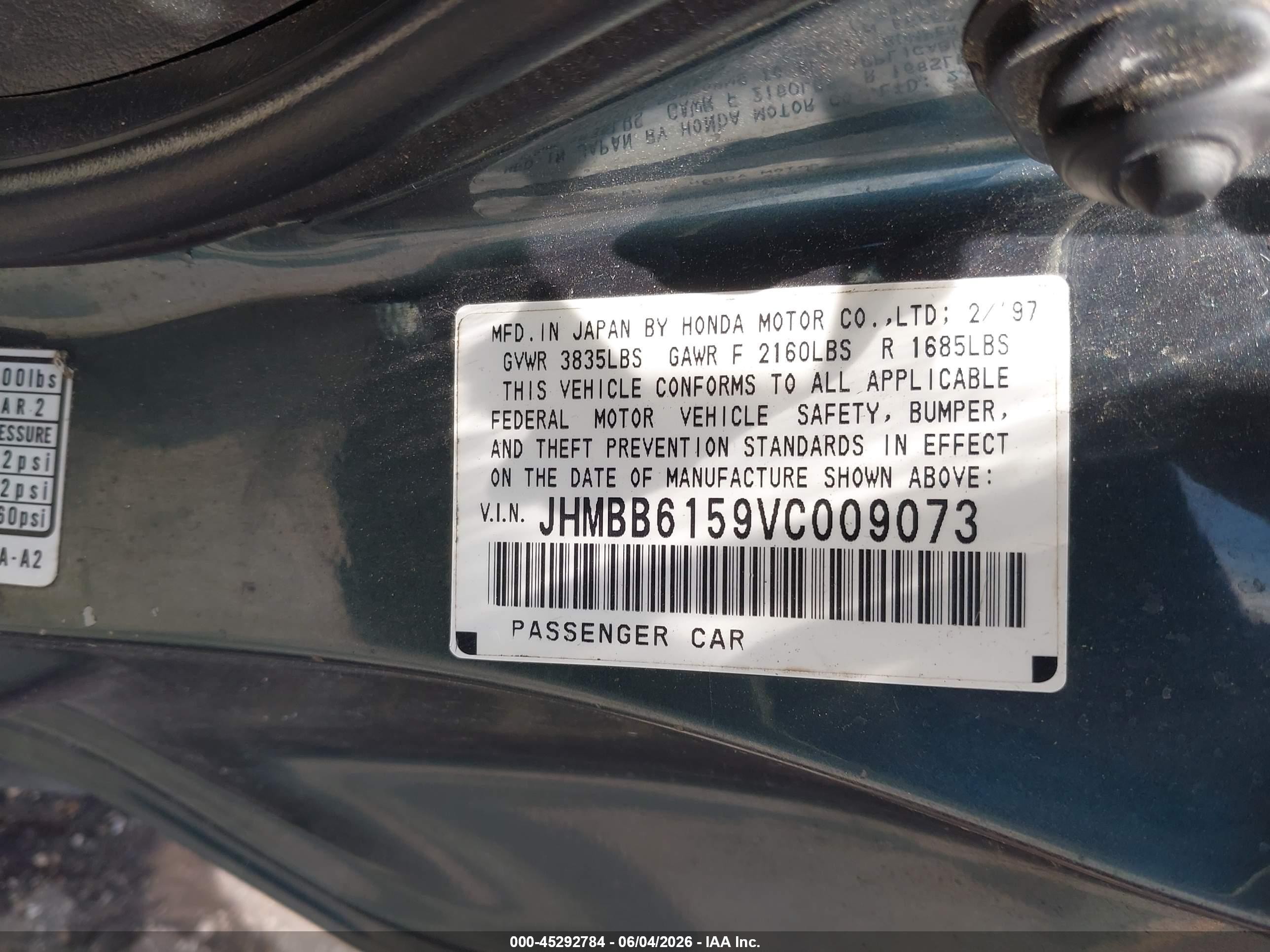 1997 Honda Prelude Sh Gray vin: JHMBB6159VC009073