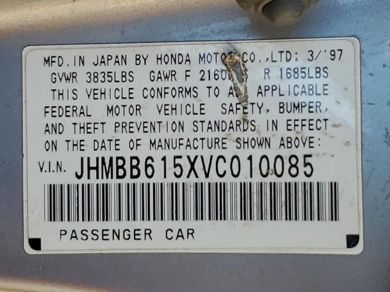 1997 Honda Prelude Sh Silver vin: JHMBB615XVC010085
