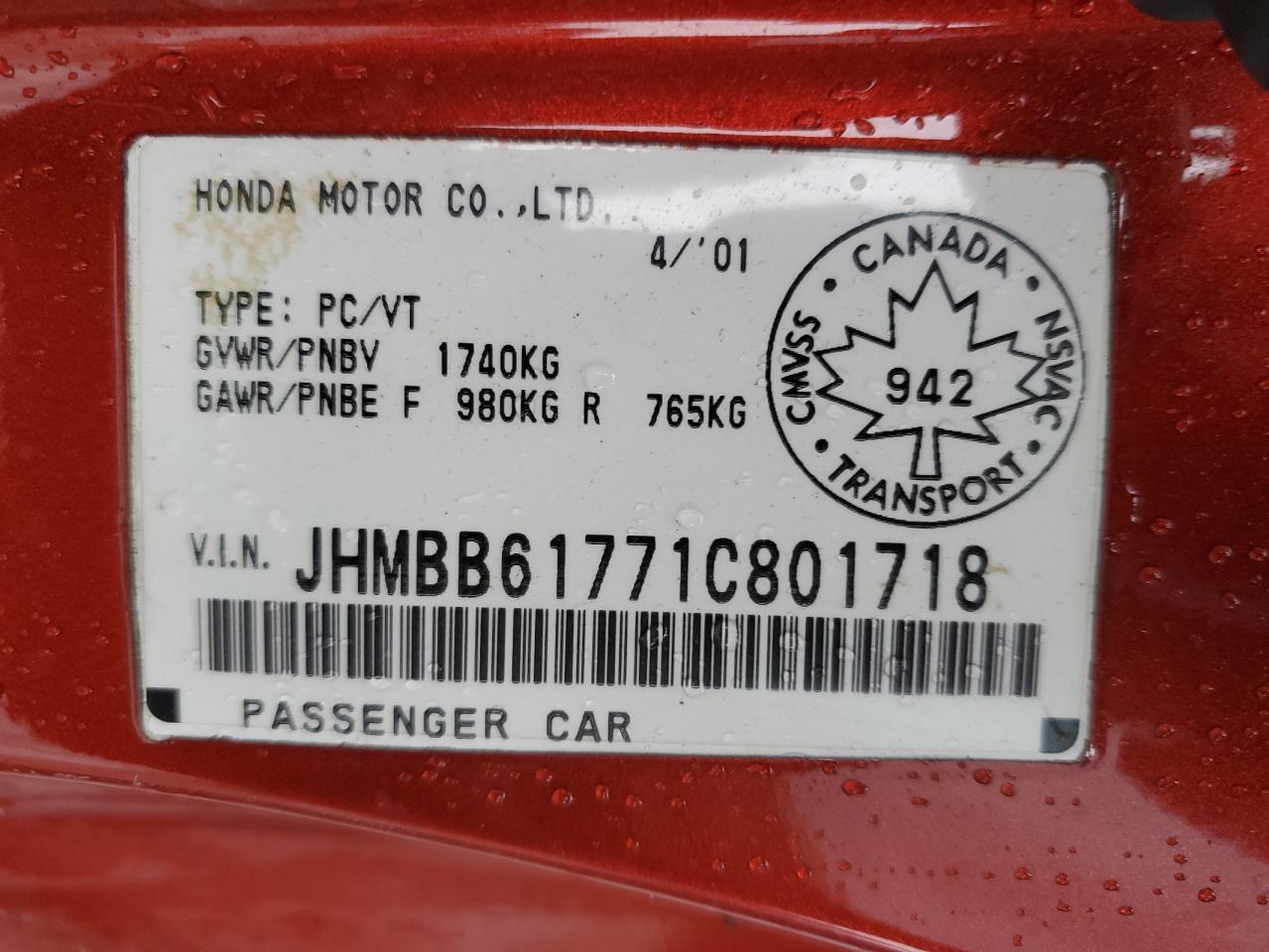 2001 Honda Prelude Se Red vin: JHMBB61771C801718