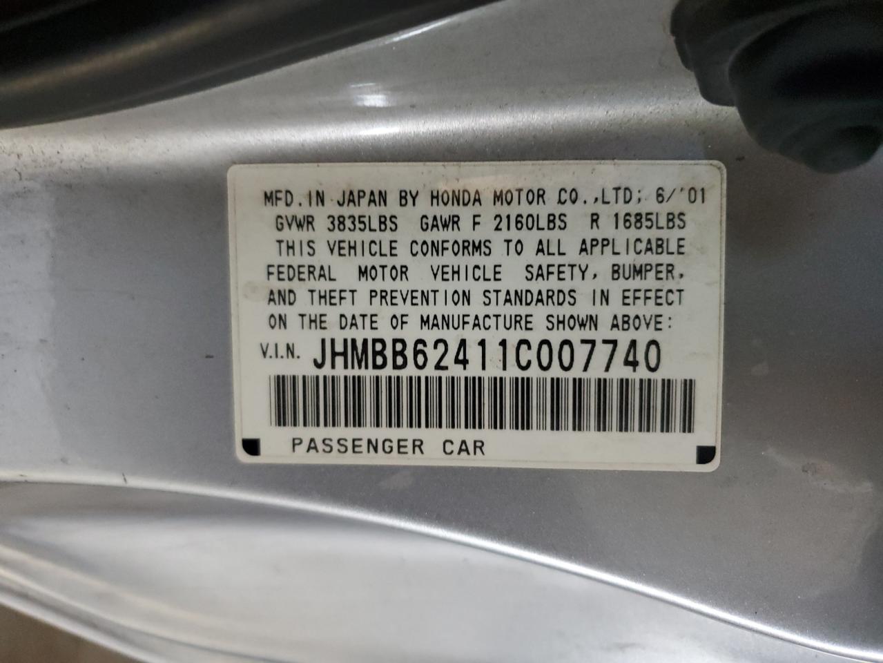 2001 Honda Prelude Silver vin: JHMBB62411C007740