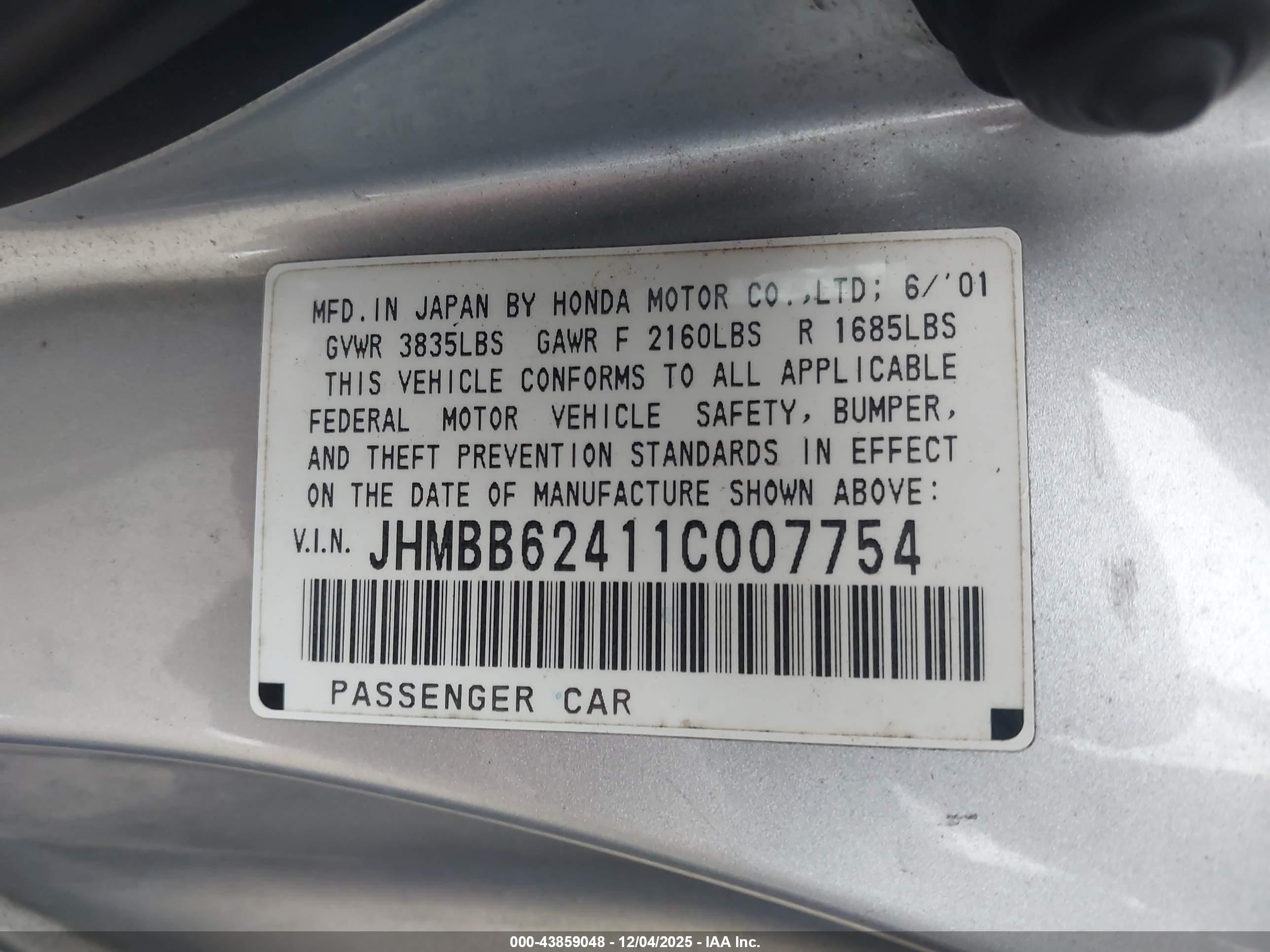 2001 Honda Prelude   Silver vin: JHMBB62411C007754