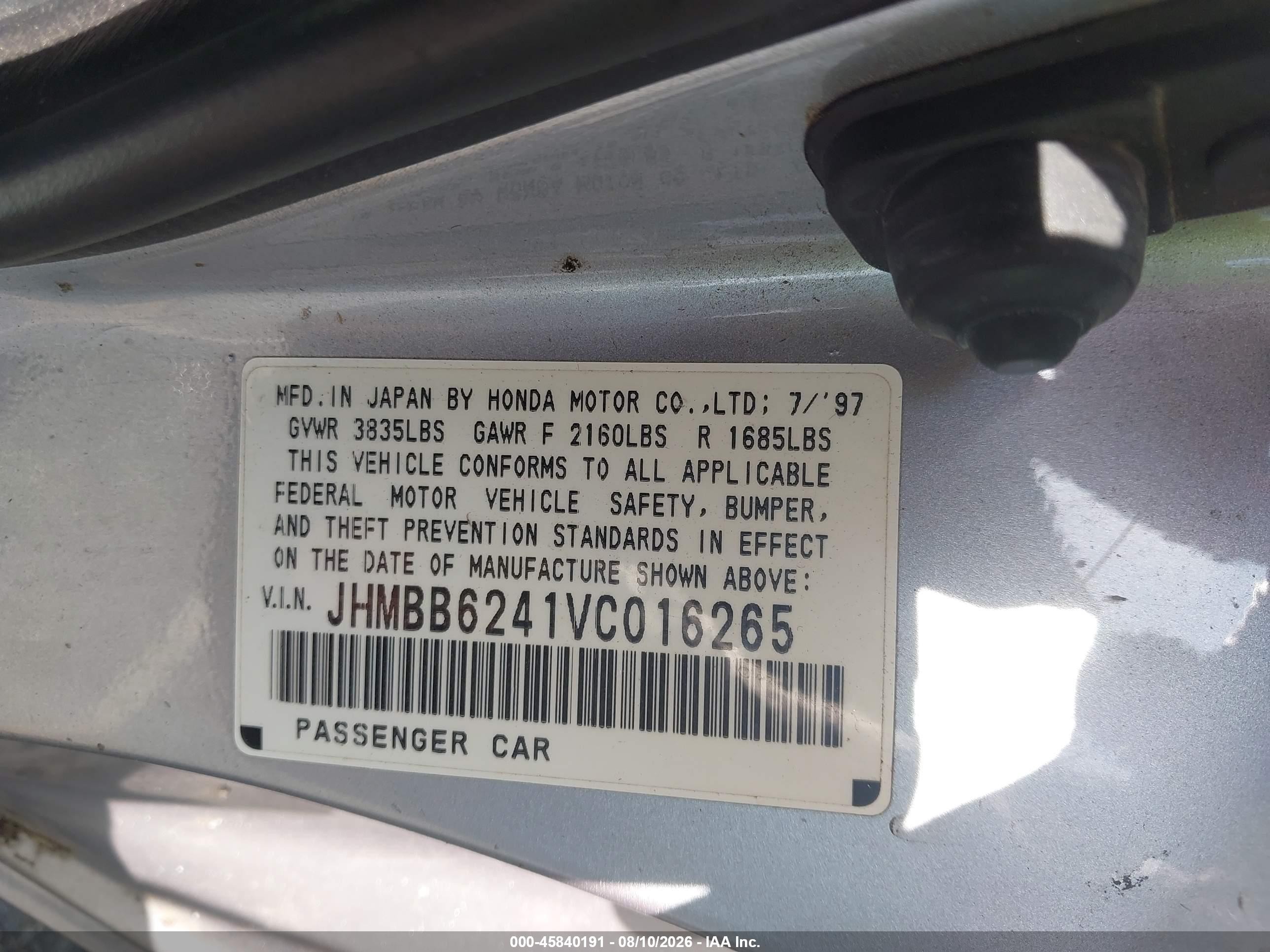 1997 Honda Prelude   Silver vin: JHMBB6241VC016265
