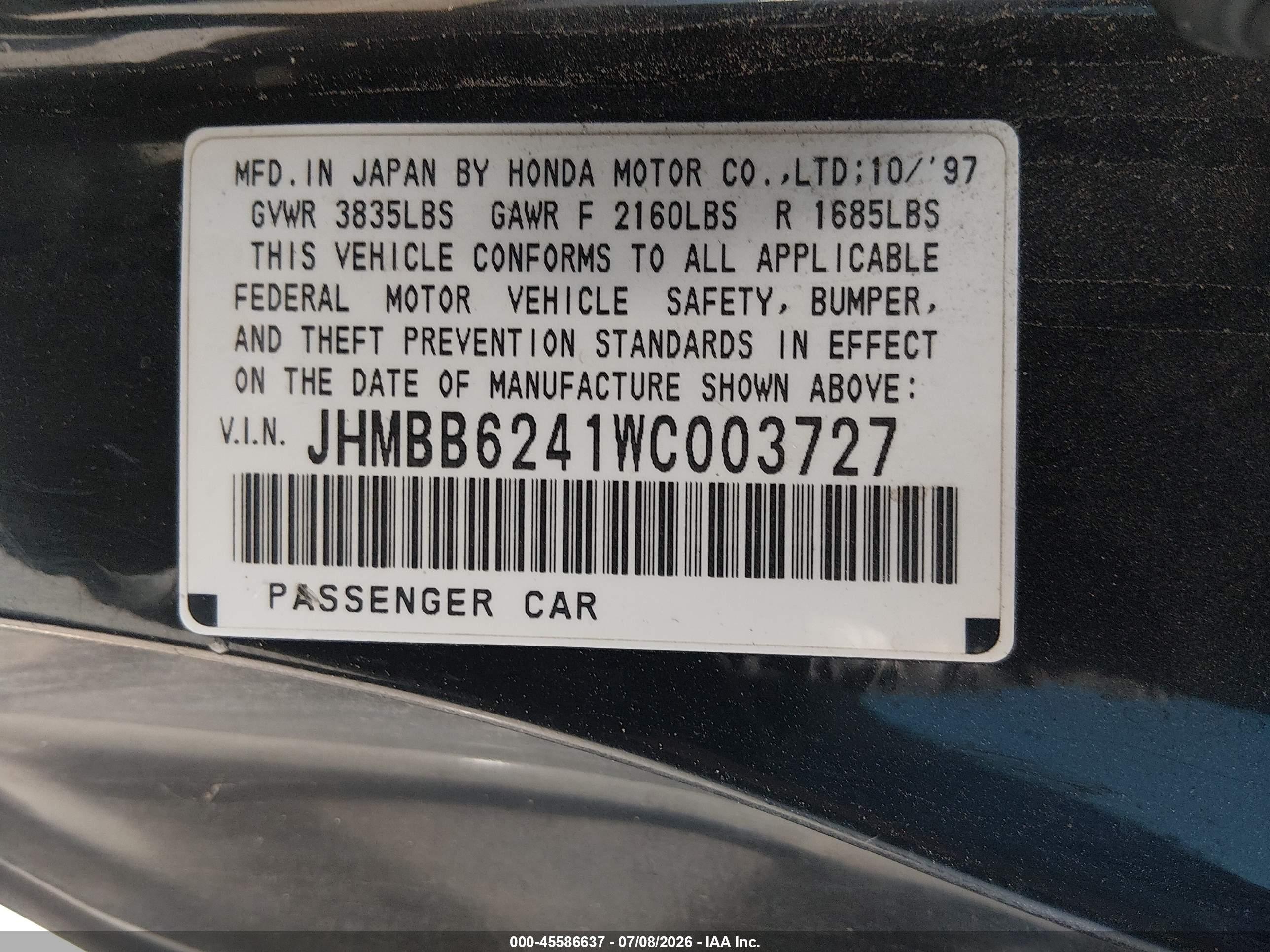 1998 Honda Prelude   Черный vin: JHMBB6241WC003727
